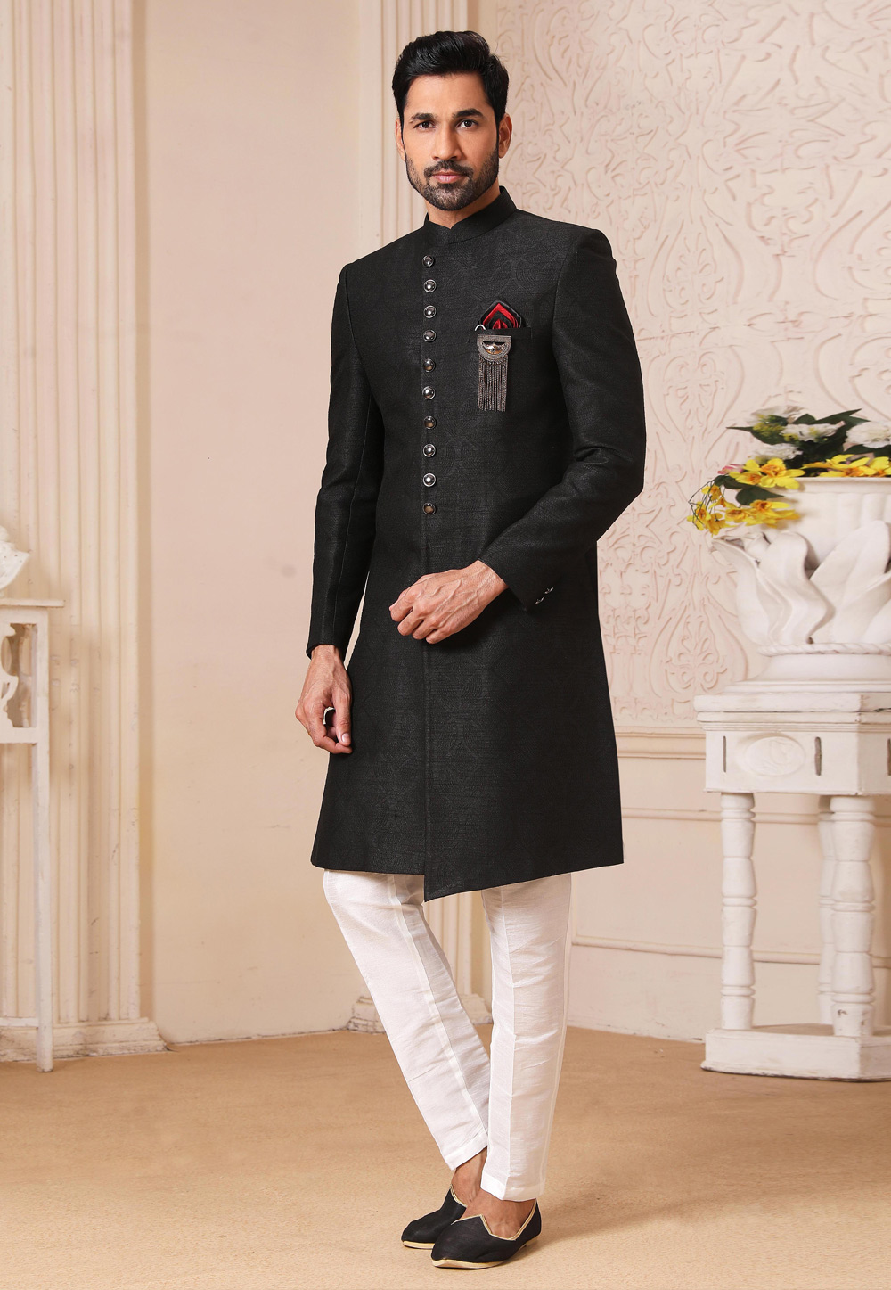 Black Color Embroidered Silk Suit Set With Organza Dupatta – Nirbani