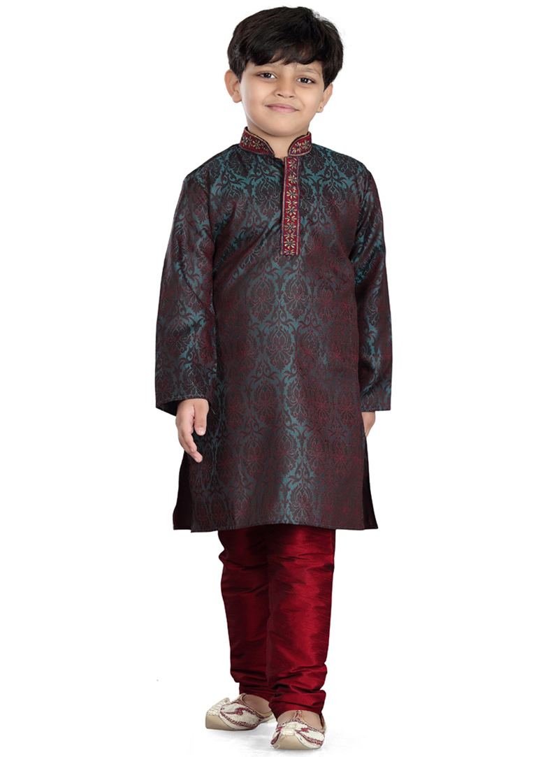 Green Jacquard Kids Readymade Indo Western Suit 78237