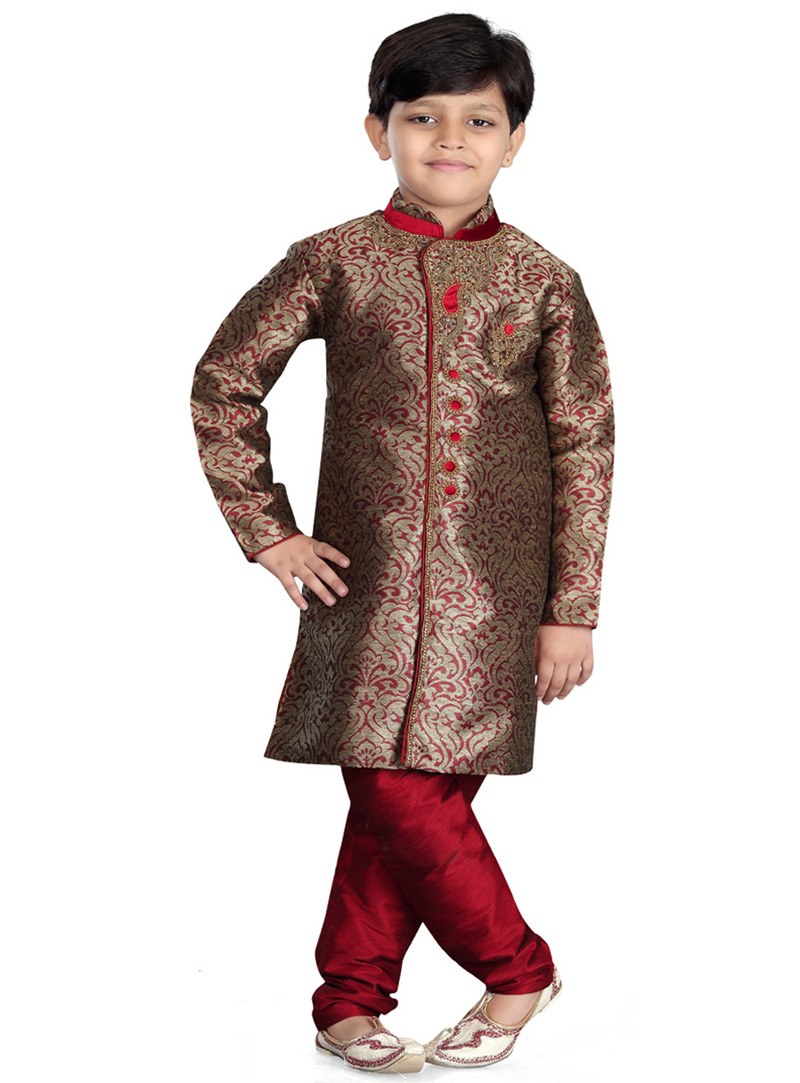 Maroon Jacquard Kids Readymade Indo Western Suit 78241