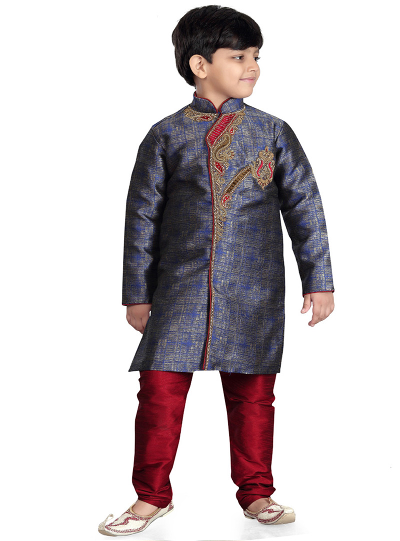 Blue Banarasi Silk Kids Readymade Indo Western Suit 78245