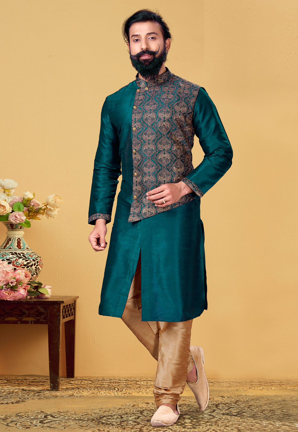Green Dupion Silk Indo Western Suit 240106