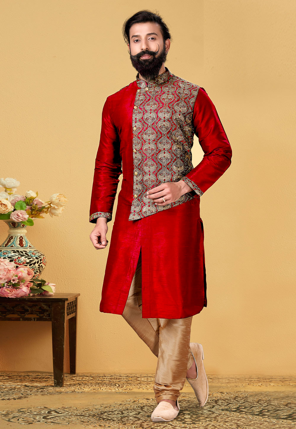 Maroon Dupion Silk Indo Western Suit 240107