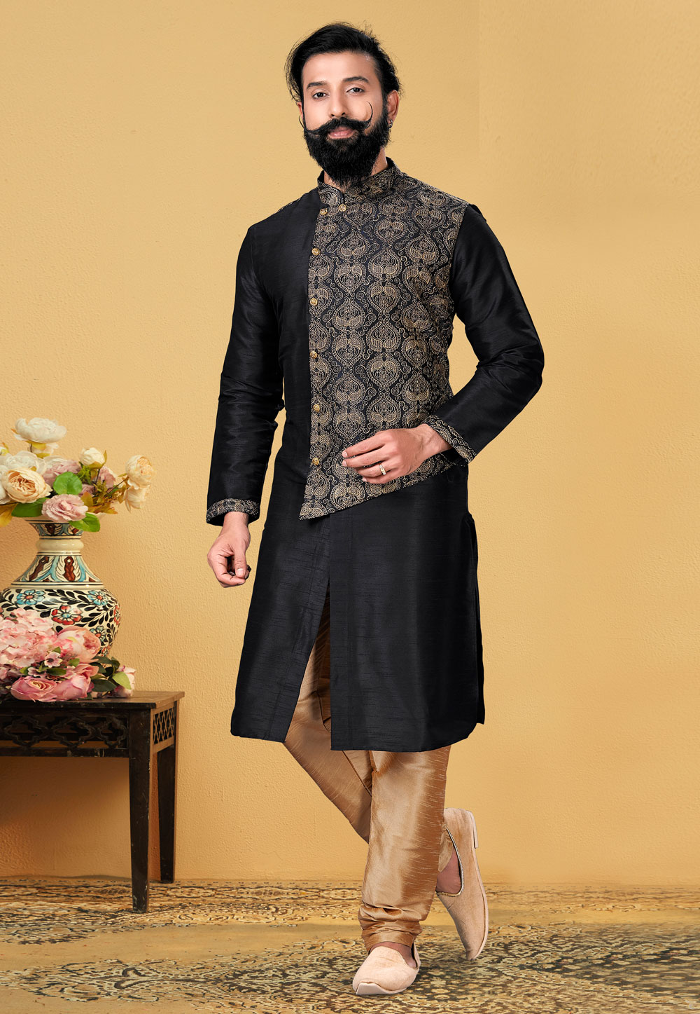 Black Dupion Silk Indo Western Suit 240108