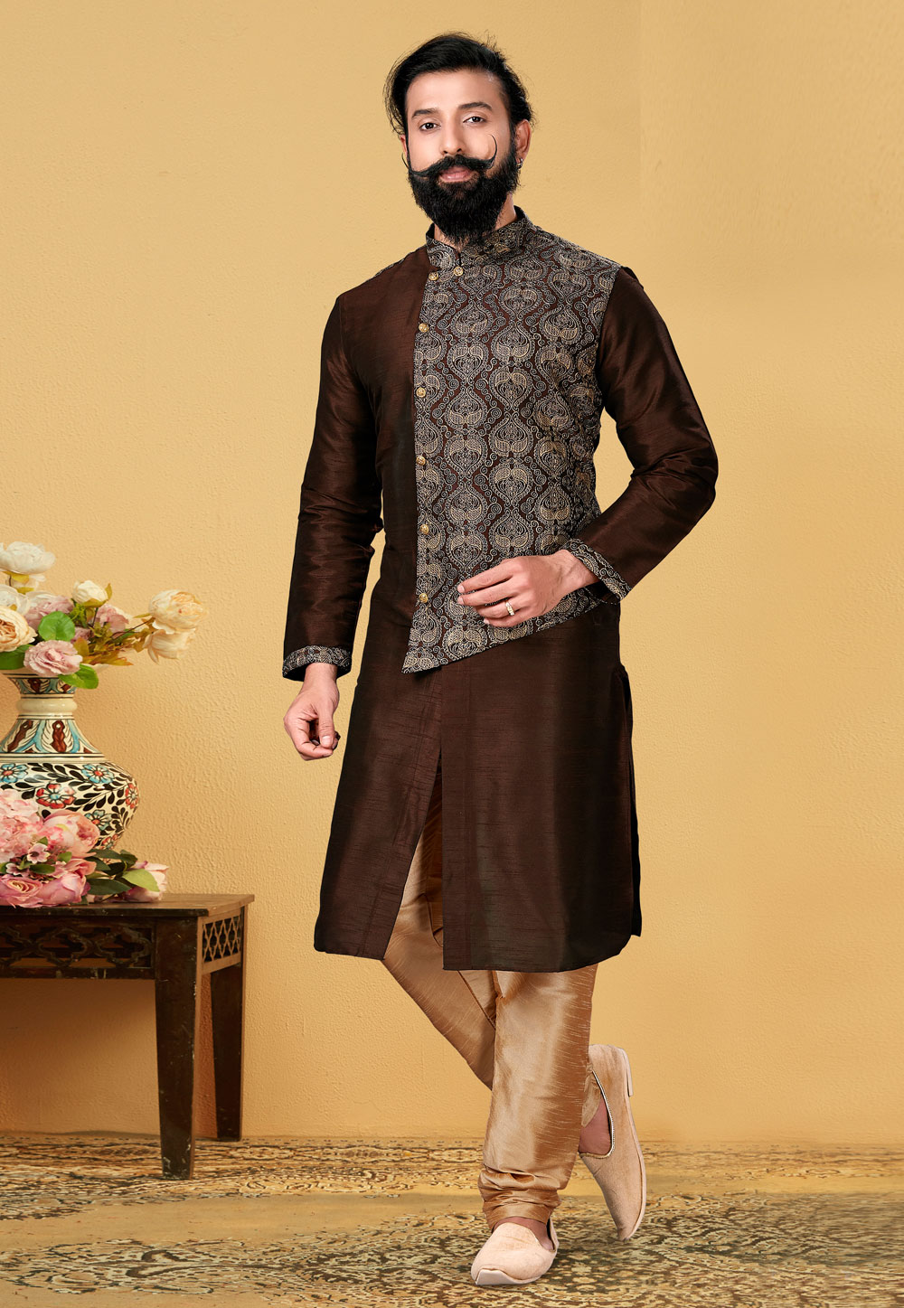 Brown Dupion Silk Indo Western Suit 240109