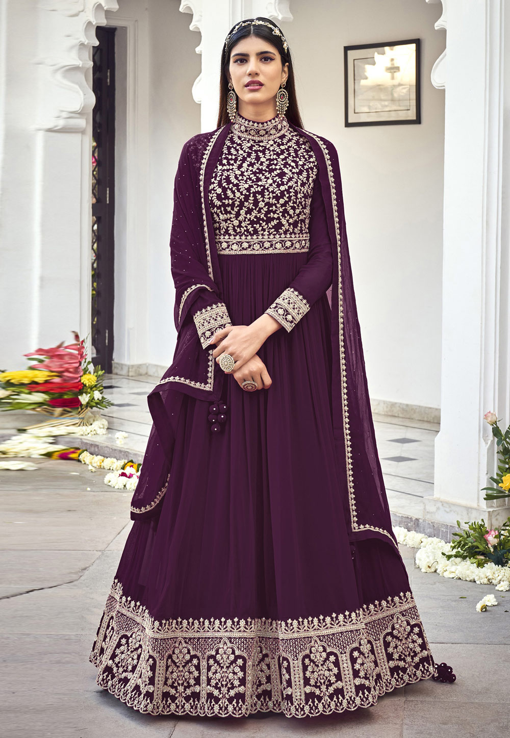 Purple Faux Georgette Abaya Style Anarkali Suit 254386