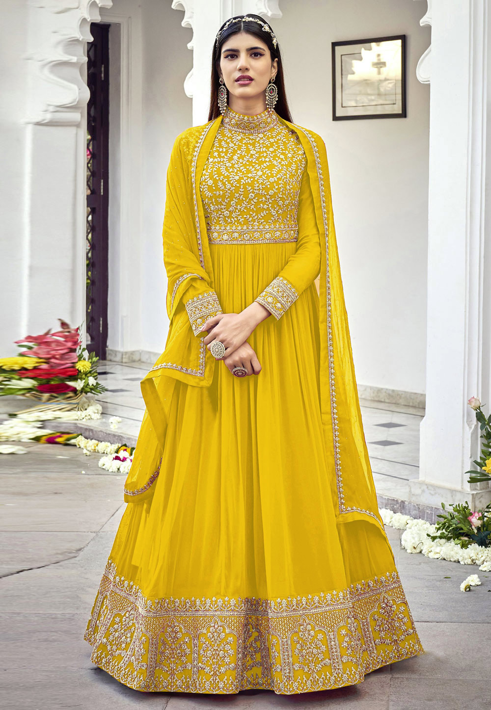 Yellow Faux Georgette Abaya Style Anarkali Suit 254388