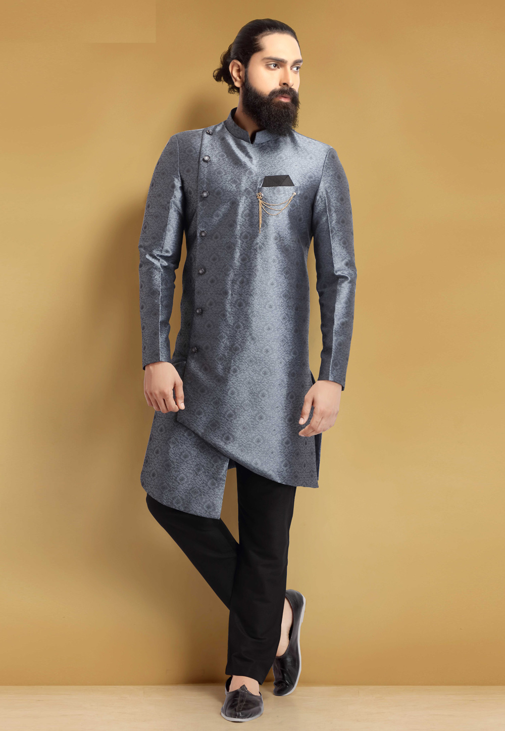 Grey Jacquard Silk Indo Western Suit 235346
