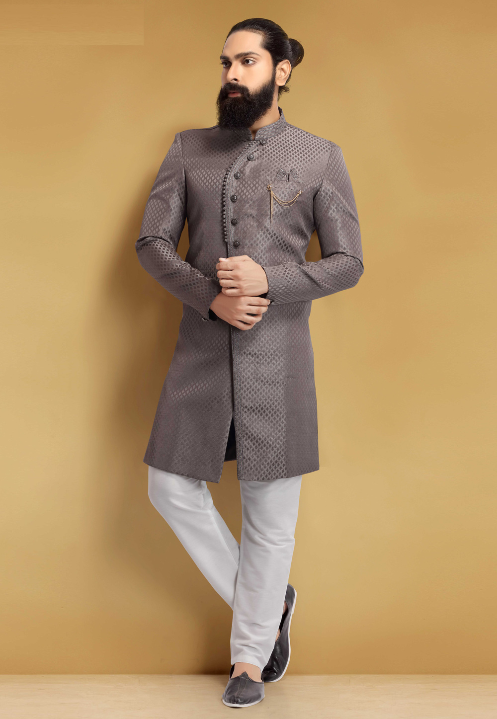 Brown Jacquard Silk Indo Western Suit 235347