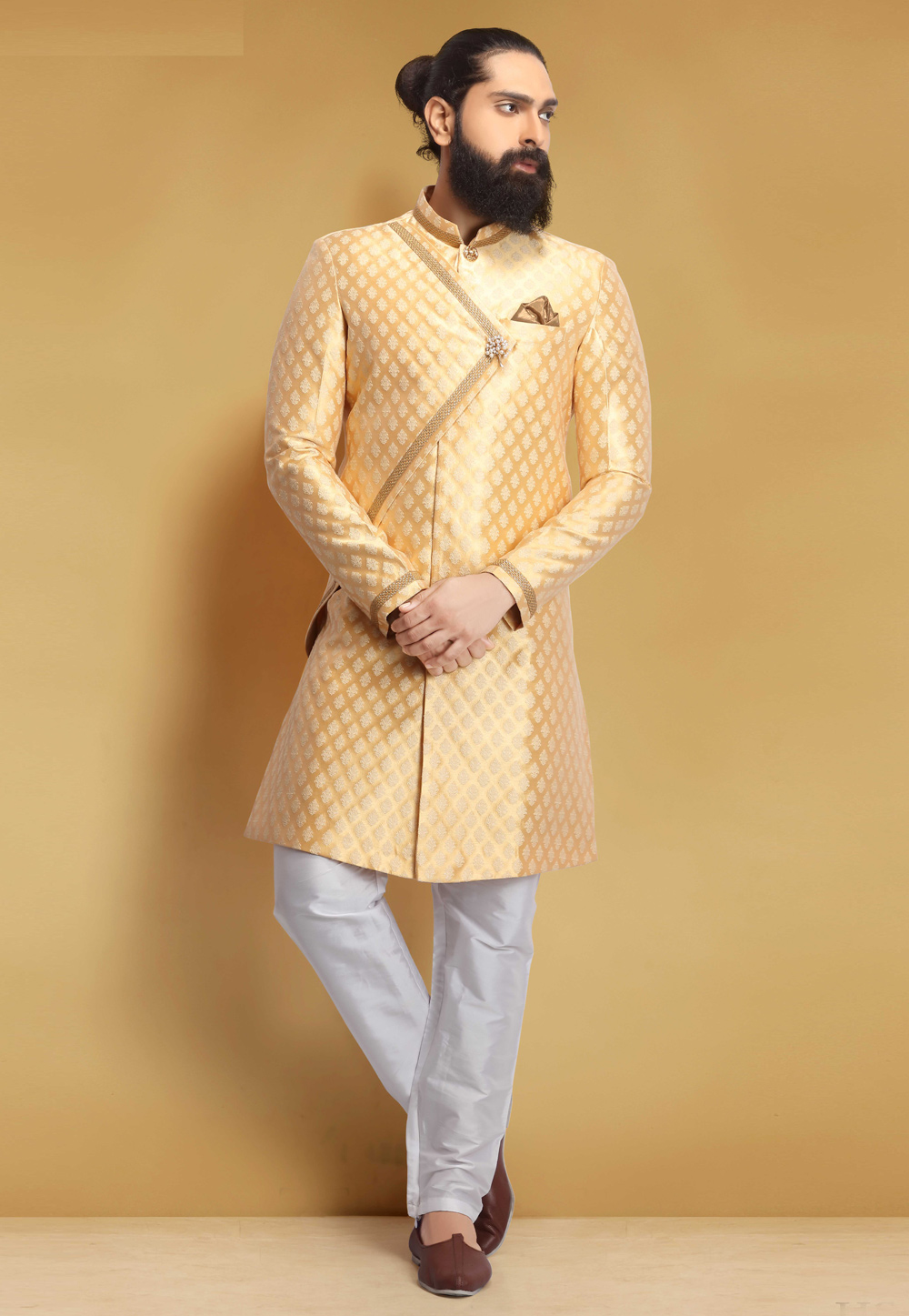 Golden Jacquard Silk Indo Western Suit 235348