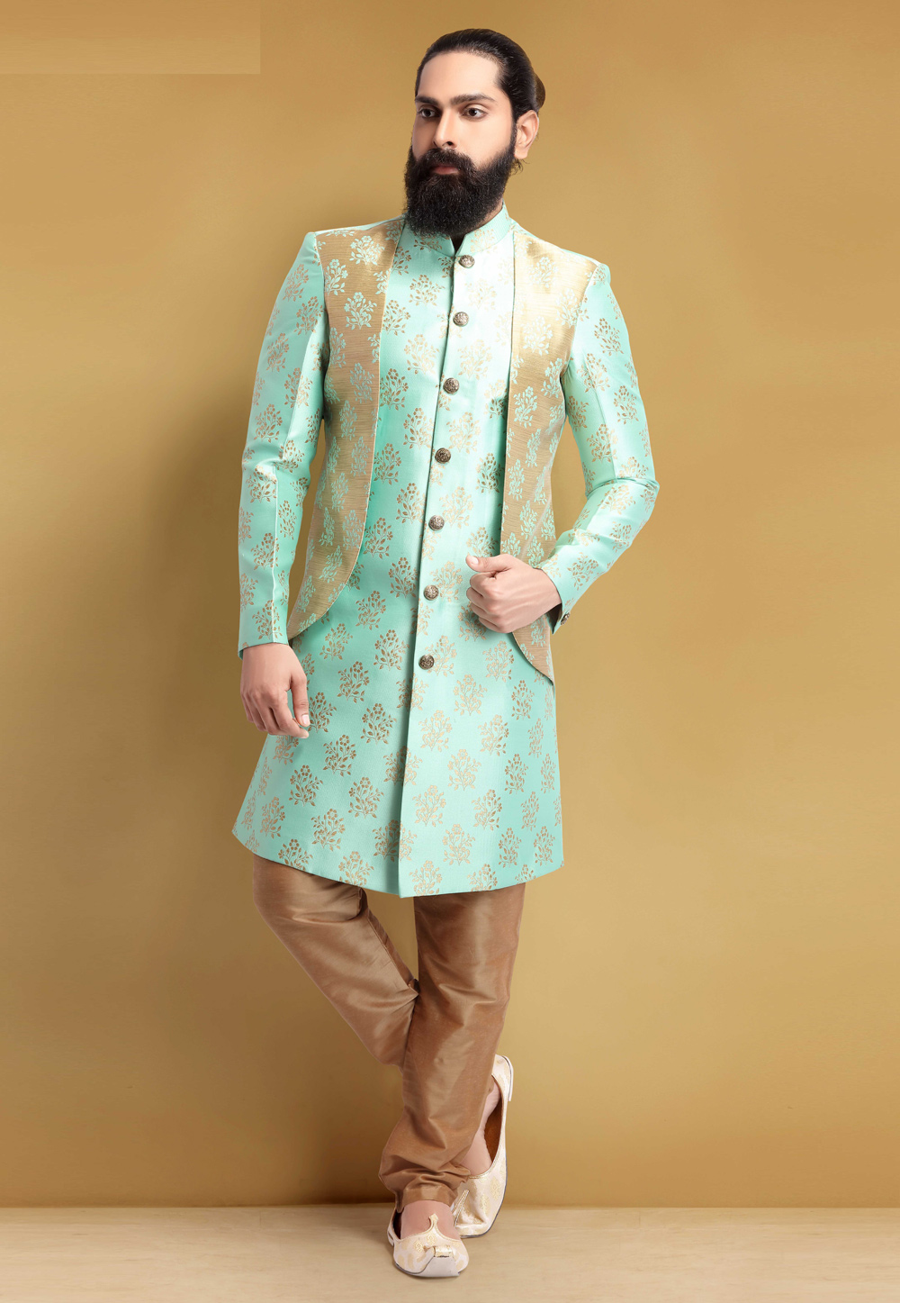 Light Green Jacquard Silk Indo Western Suit 235349