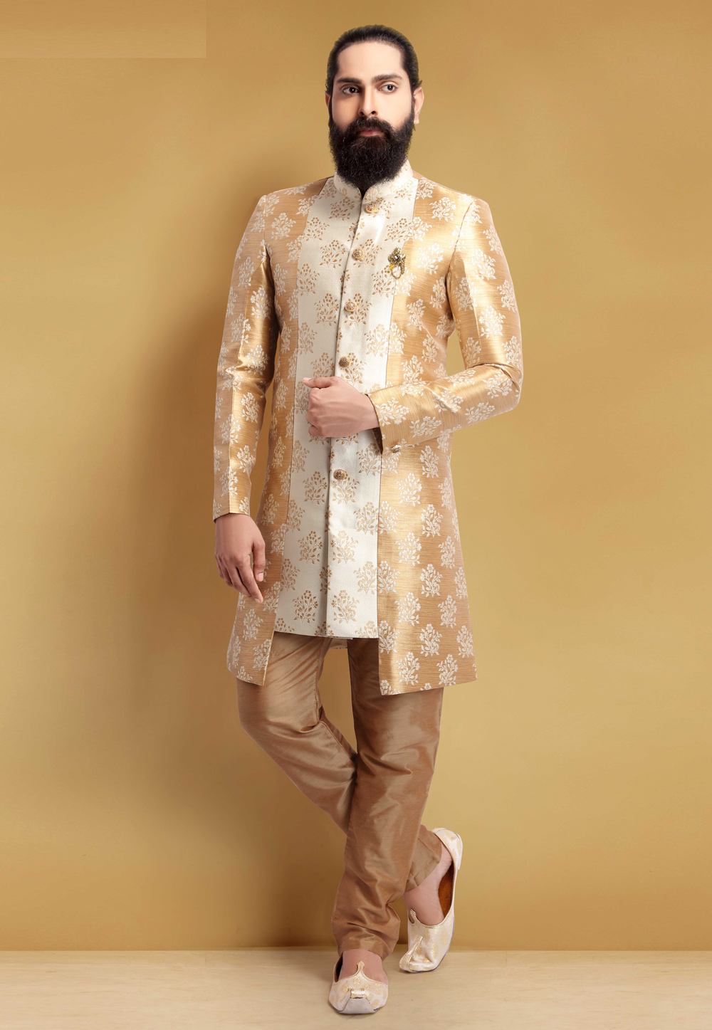 Beige Brocade Silk Indo Western Suit 235350