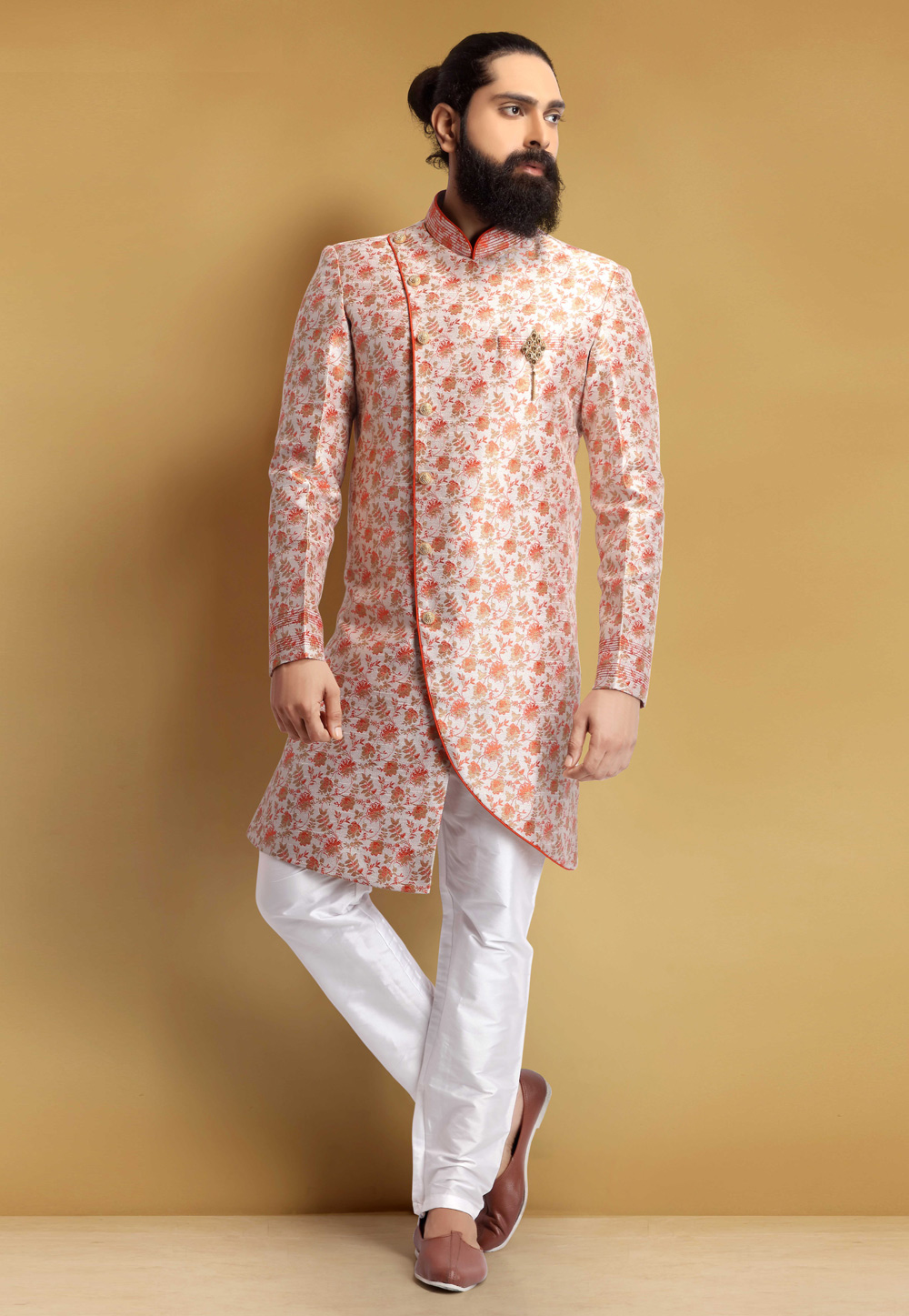 Off White Jacquard Silk Indo Western Suit 235357