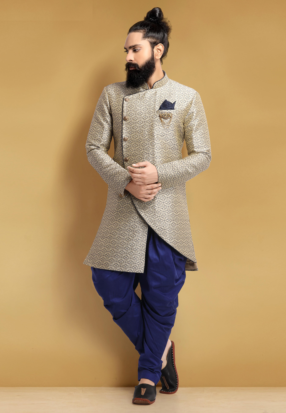 Beige Jacquard Silk Indo Western Suit 235359
