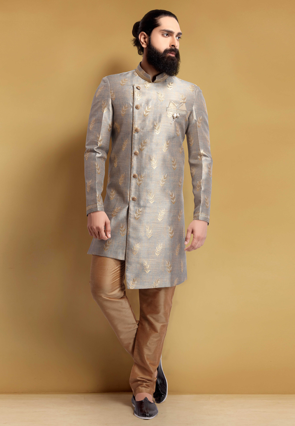 Grey Jacquard Silk Indo Western Suit 235360