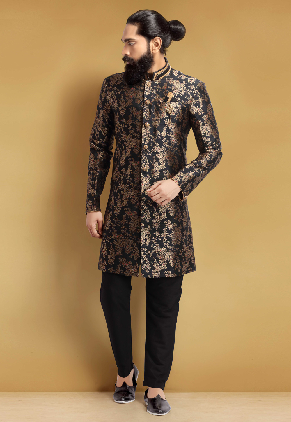 Black Brocade Silk Indo Western Suit 235361