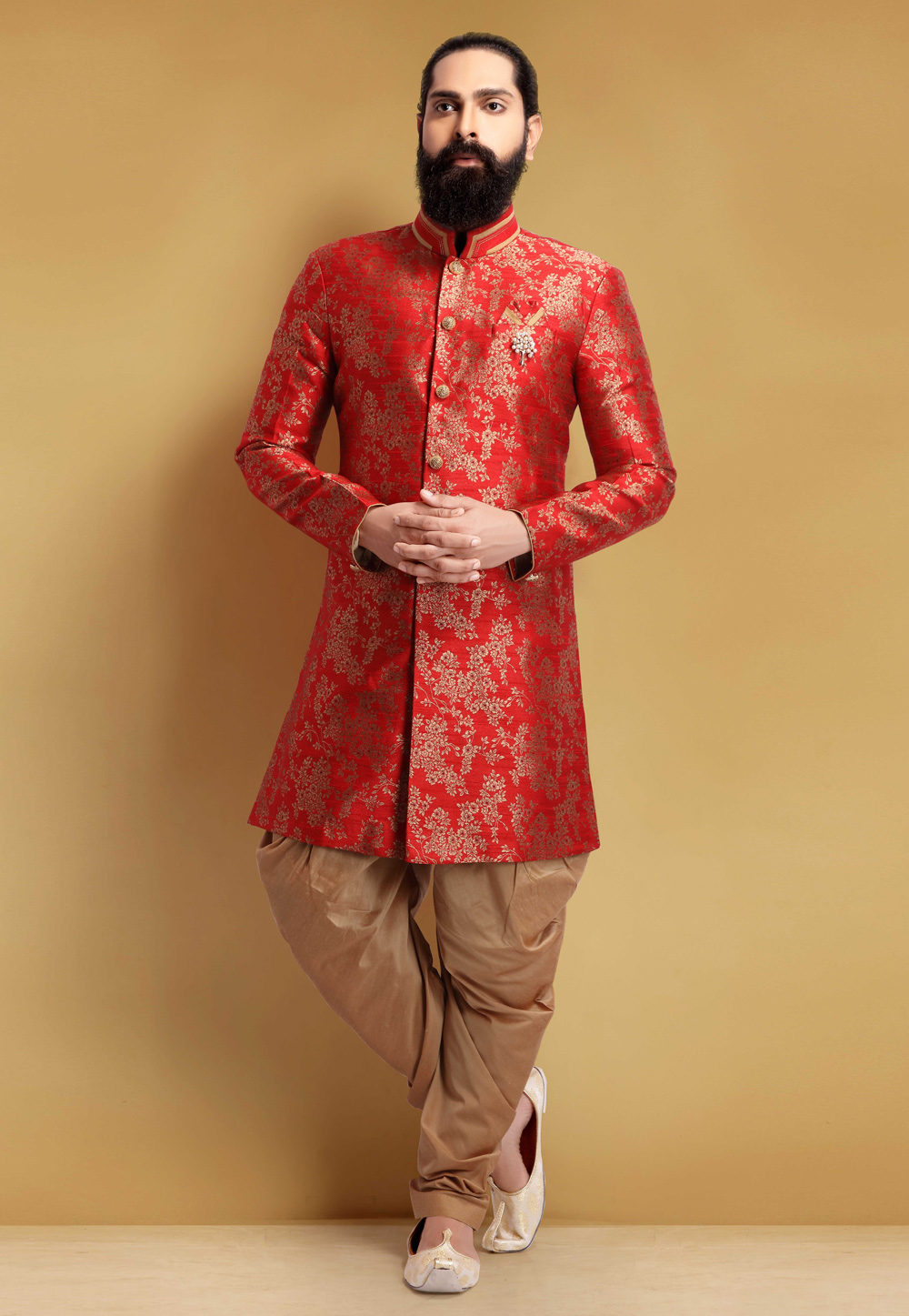 Red Brocade Silk Indo Western Suit 235362