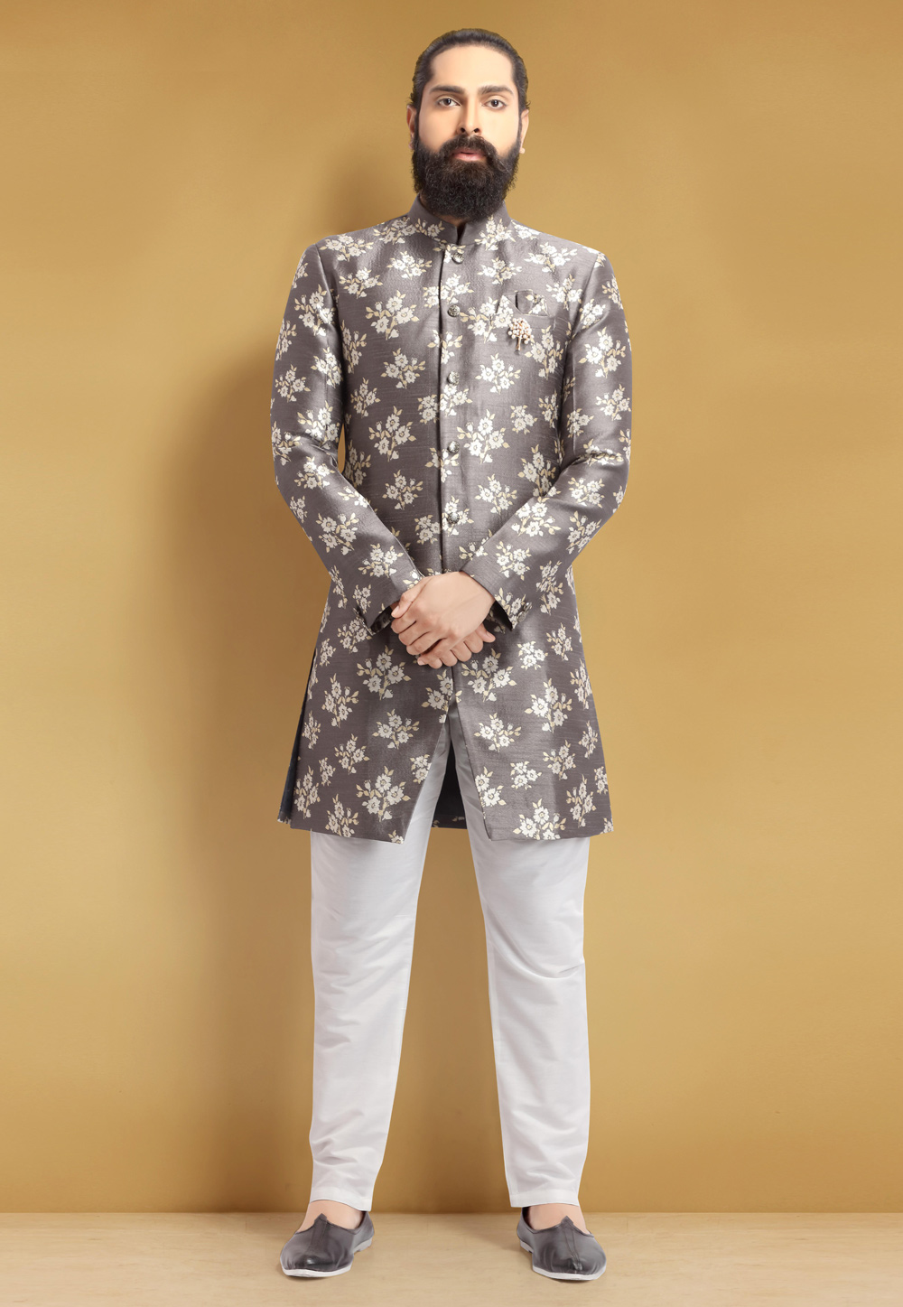 Grey Jacquard Silk Indo Western Suit 235365