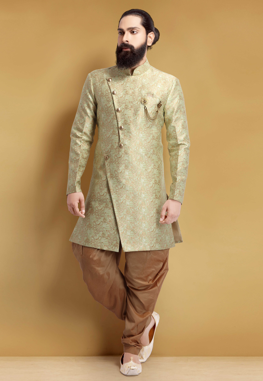 Pista Green Jacquard Silk Indo Western Suit 235367