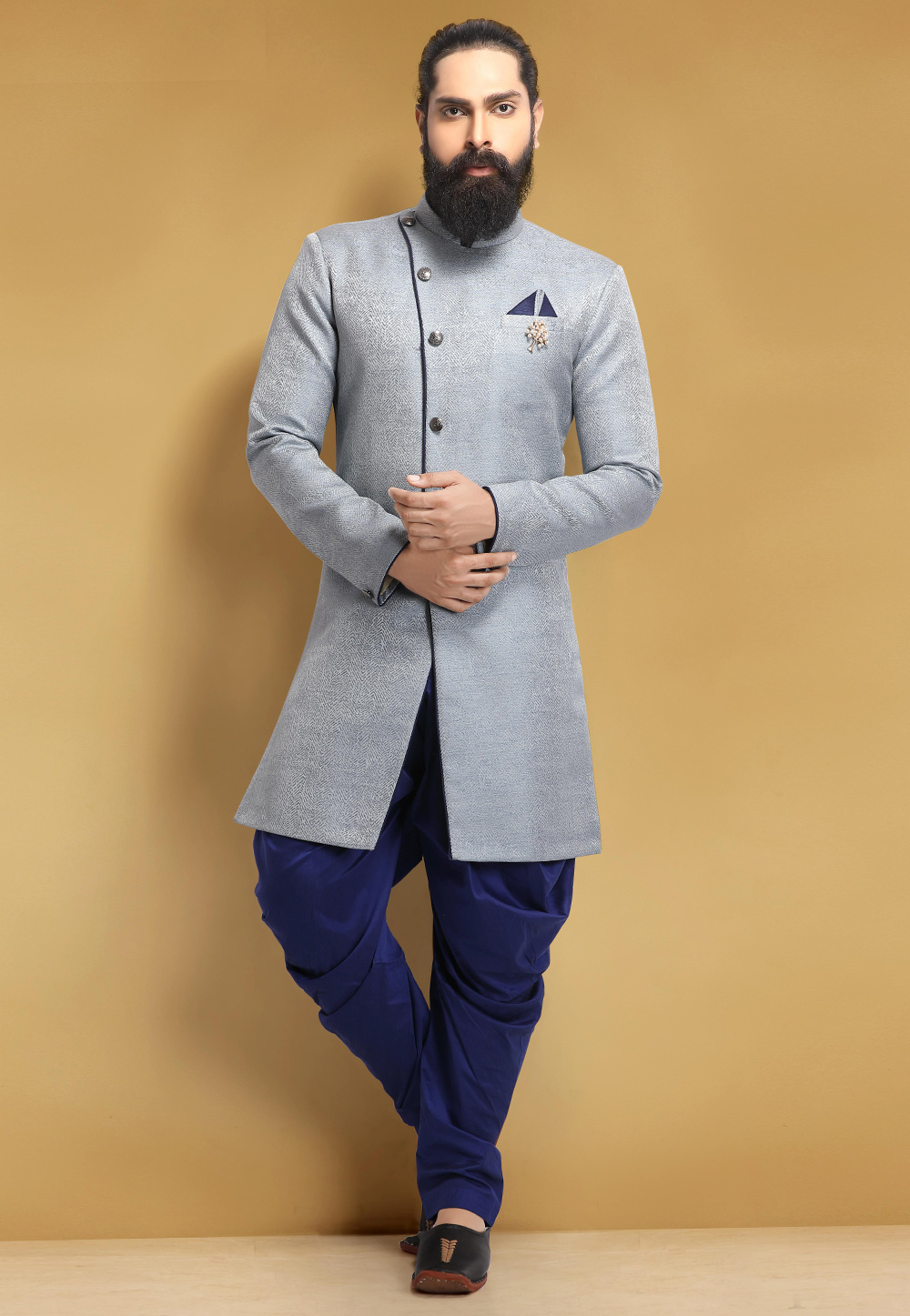 Grey Jacquard Silk Indo Western Suit 235368