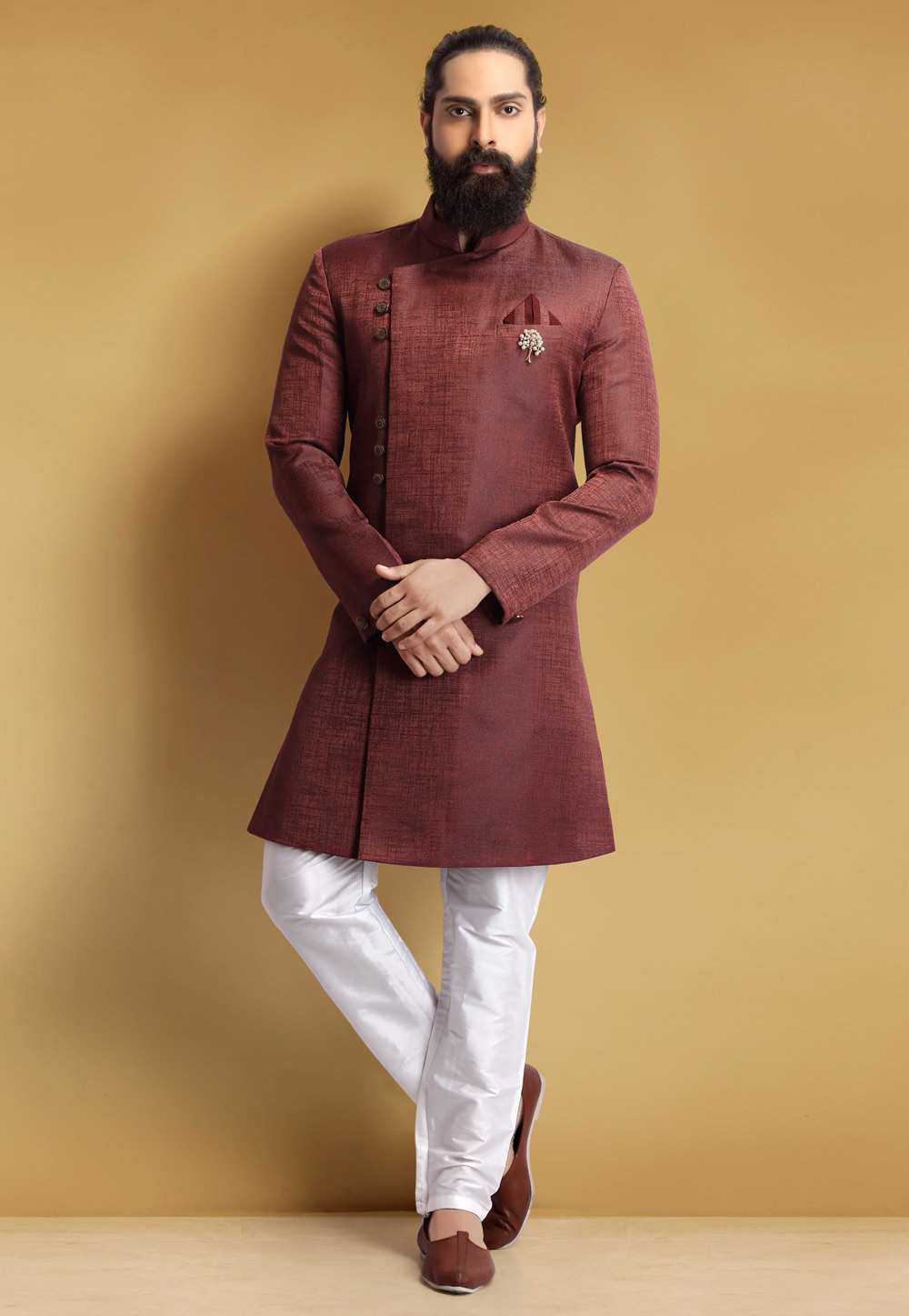 Maroon Jacquard Silk Indo Western Suit 235371
