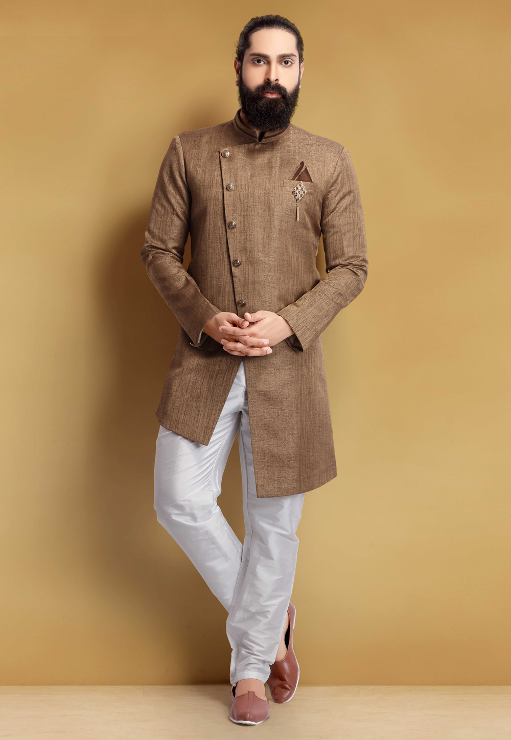 Brown Jacquard Silk Indo Western Suit 235372
