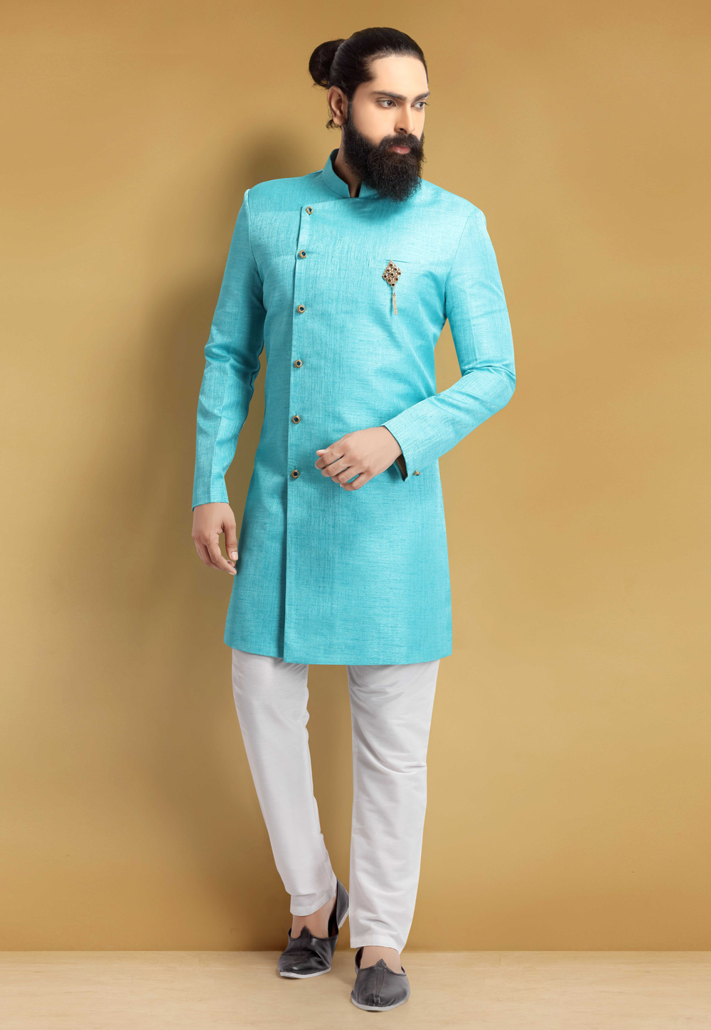 Sky Blue Jacquard Silk Indo Western Suit 235375