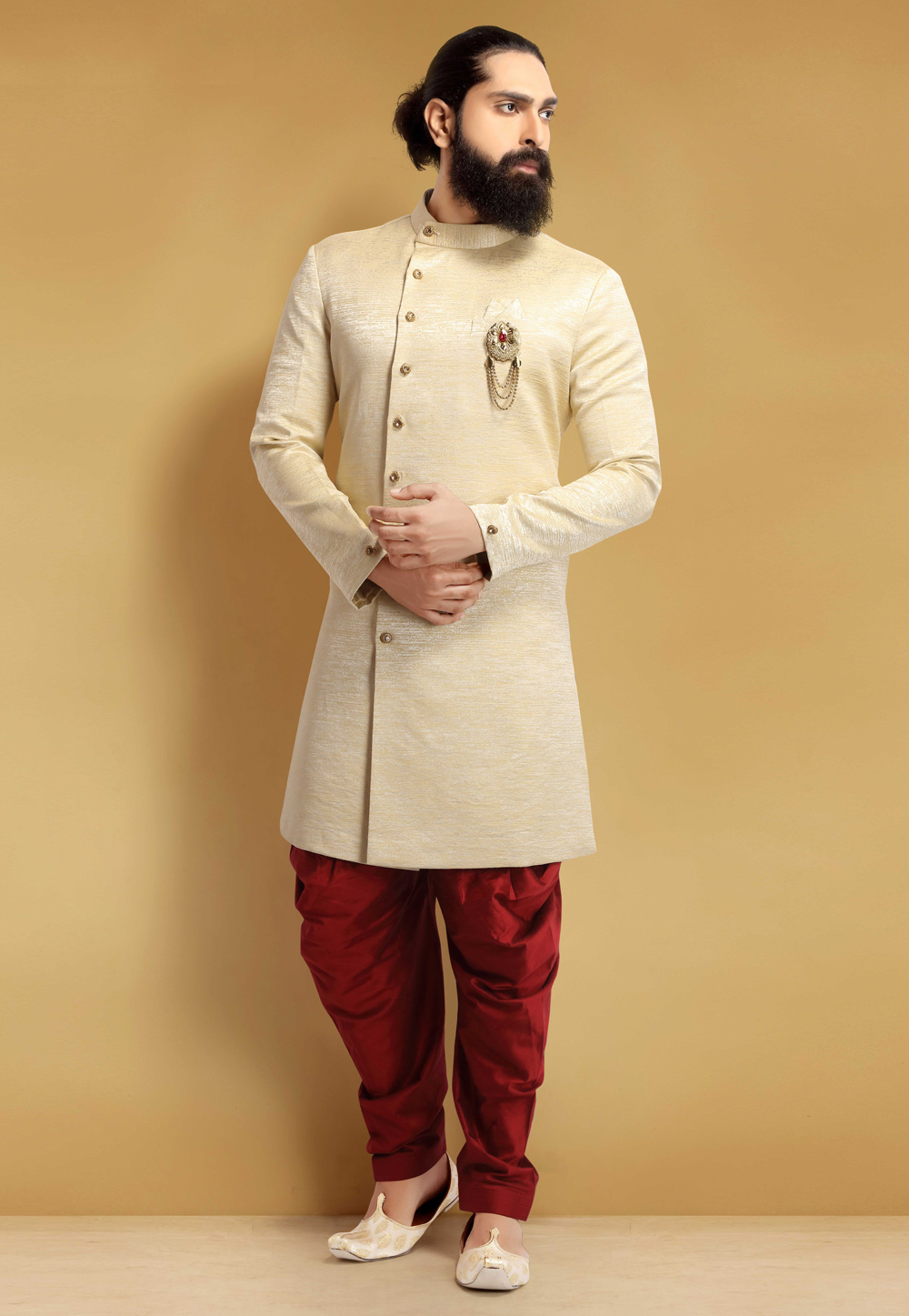 Cream Jacquard Silk Indo Western Suit 235376