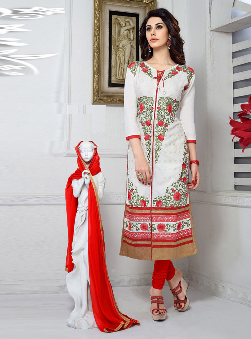 White Cotton Churidar Suit 78179