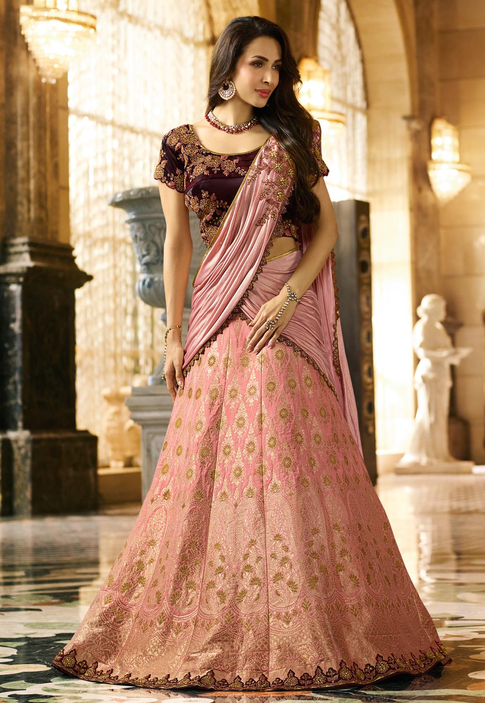 Malaika Arora Light Pink Banarasi Silk Bollywood Lehenga Choli 153908