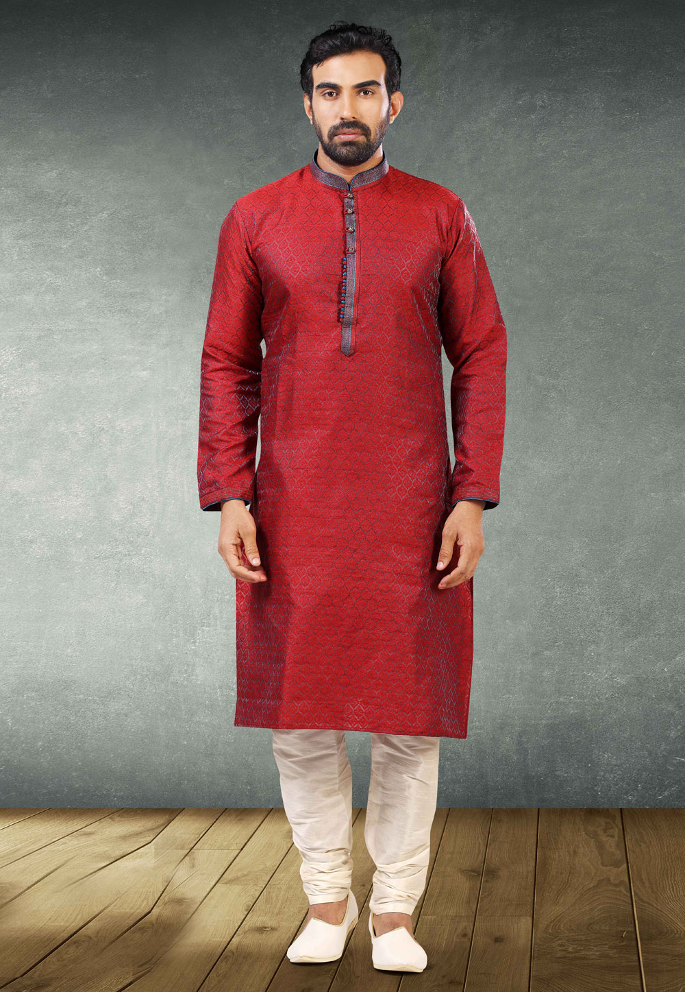 Red Jacquard Silk Kurta Pajama 235339