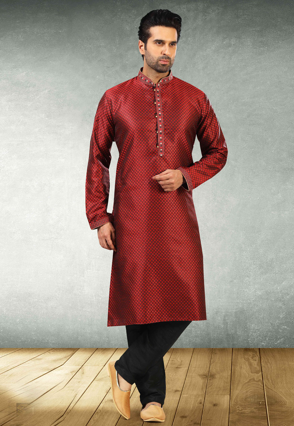 Red Jacquard Silk Kurta Pajama 235344