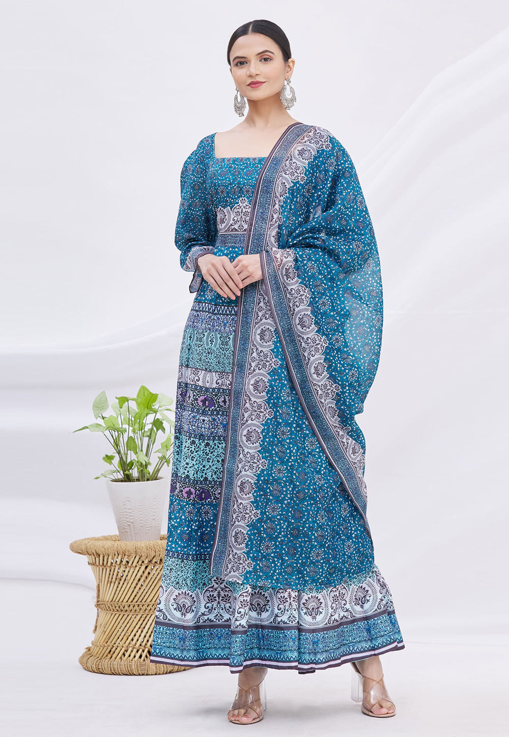 Blue Chanderi Readymade Long Anarkali Suit 235448