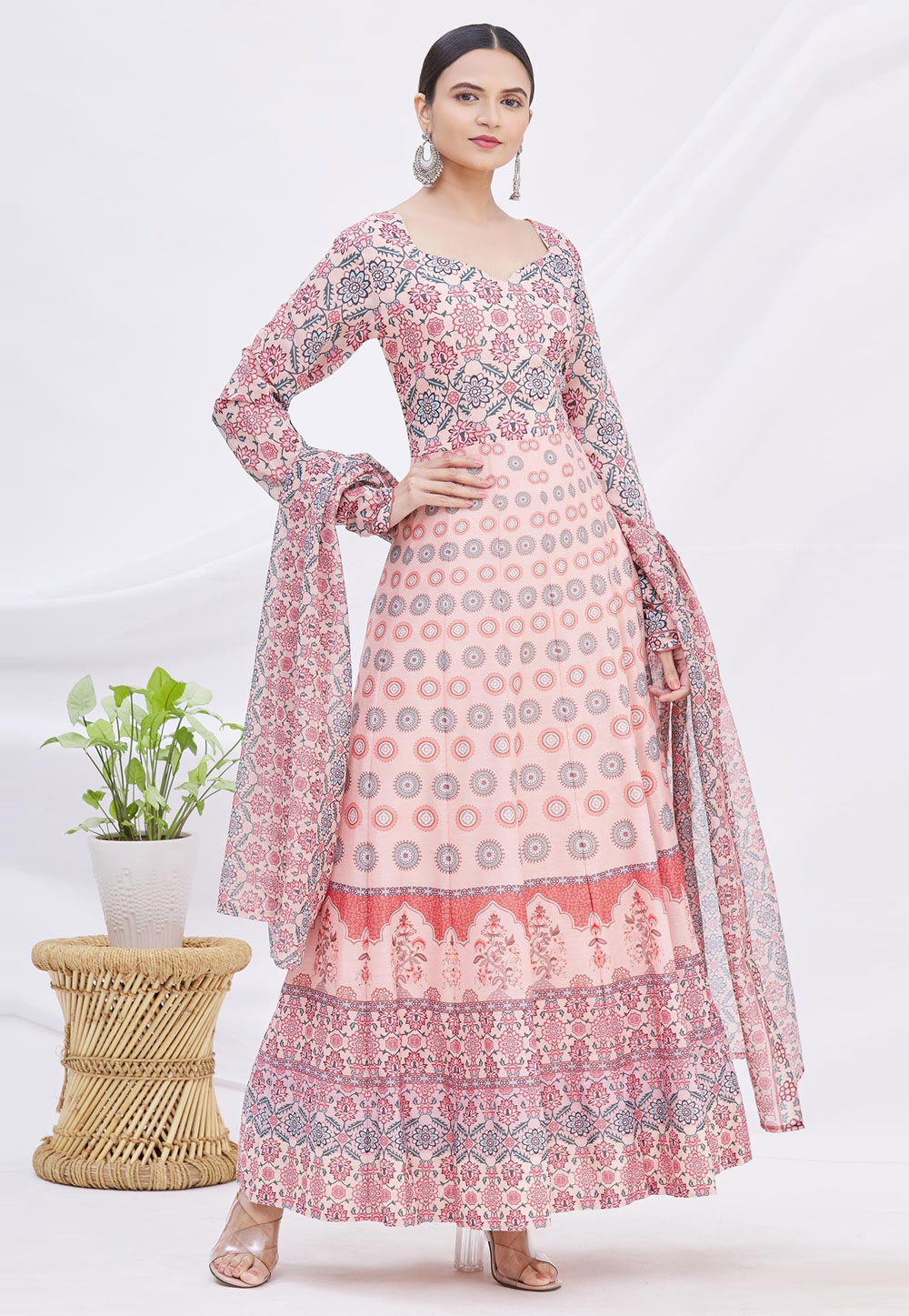 Peach Chanderi Readymade Abaya Style Anarkali Suit 235449