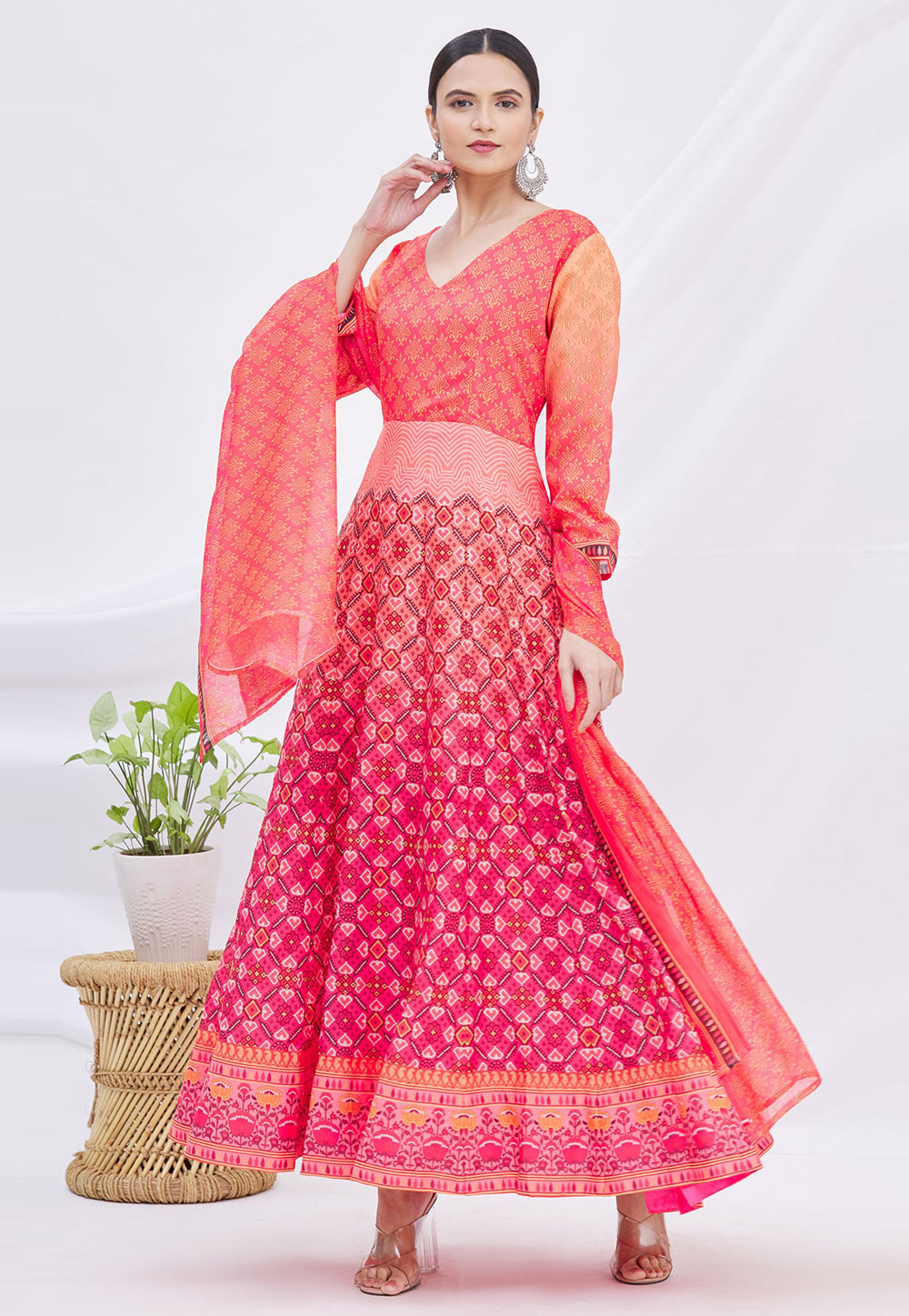 Pink Chanderi Readymade Long Anarkali Suit 235450
