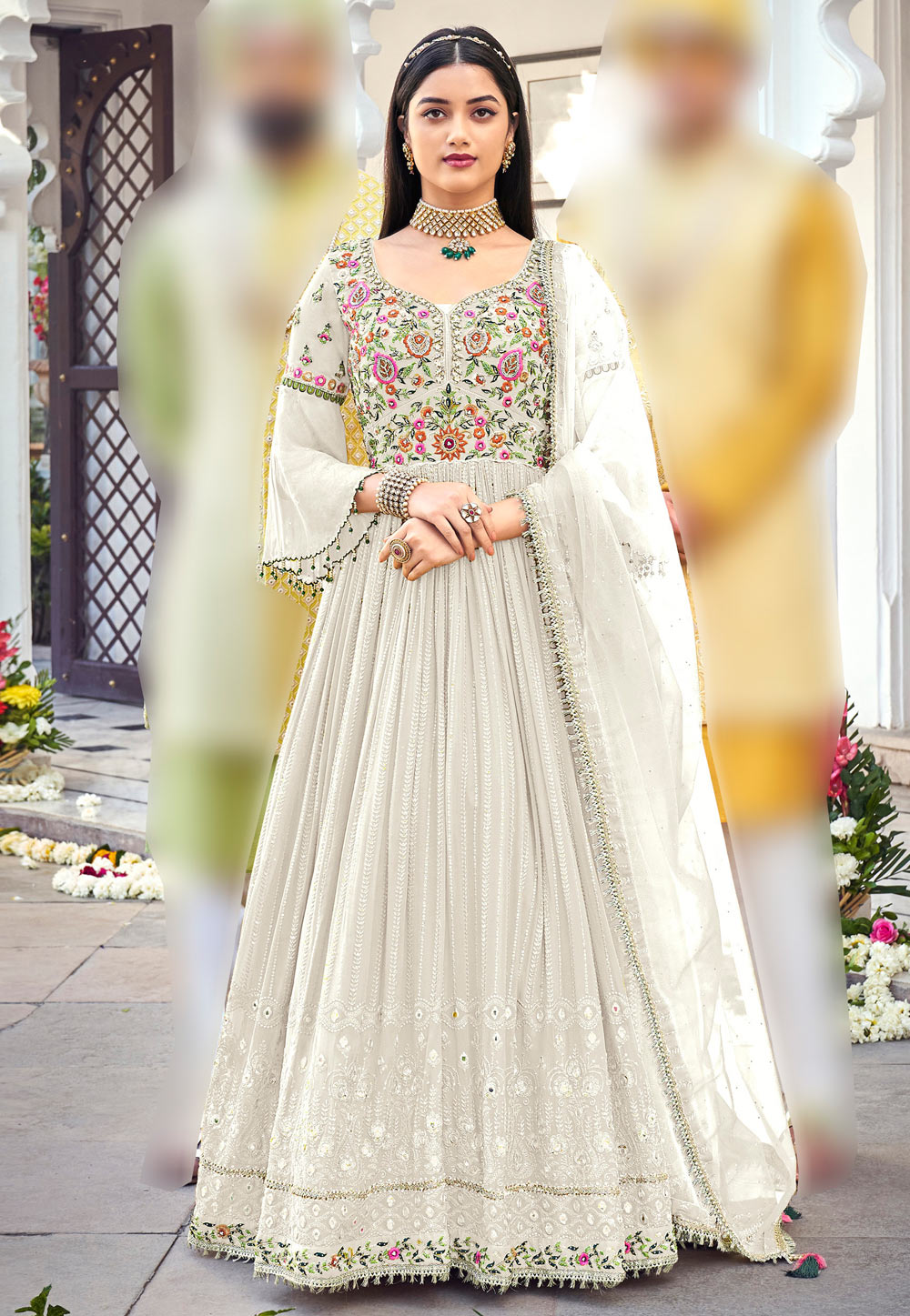 Off White Faux Georgette Abaya Style Anarkali Suit 254380
