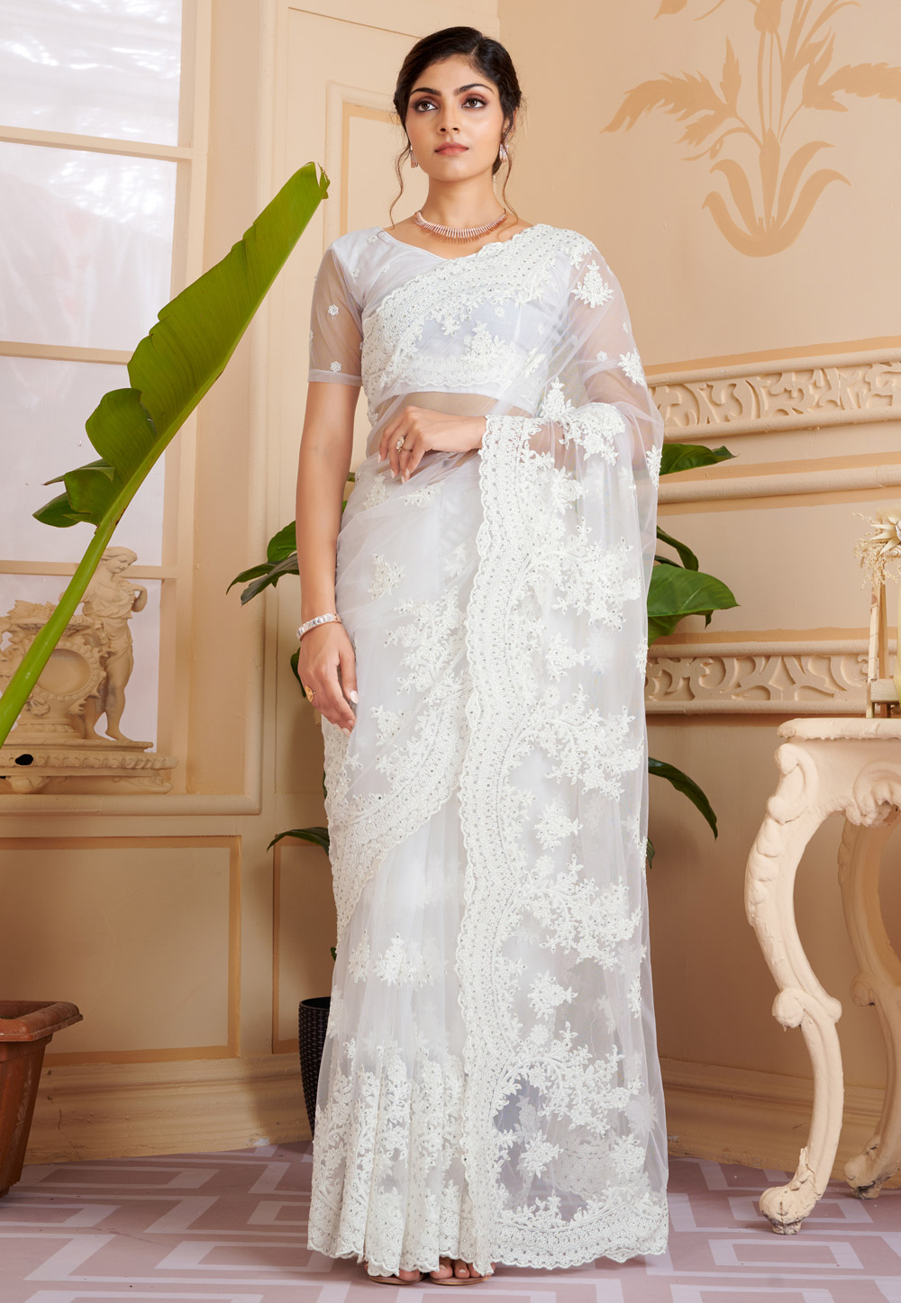 White Net Saree With Blouse 247478