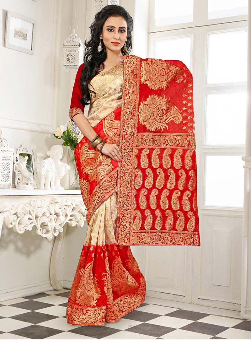 Red Banarasi Silk Saree With Blouse 64056