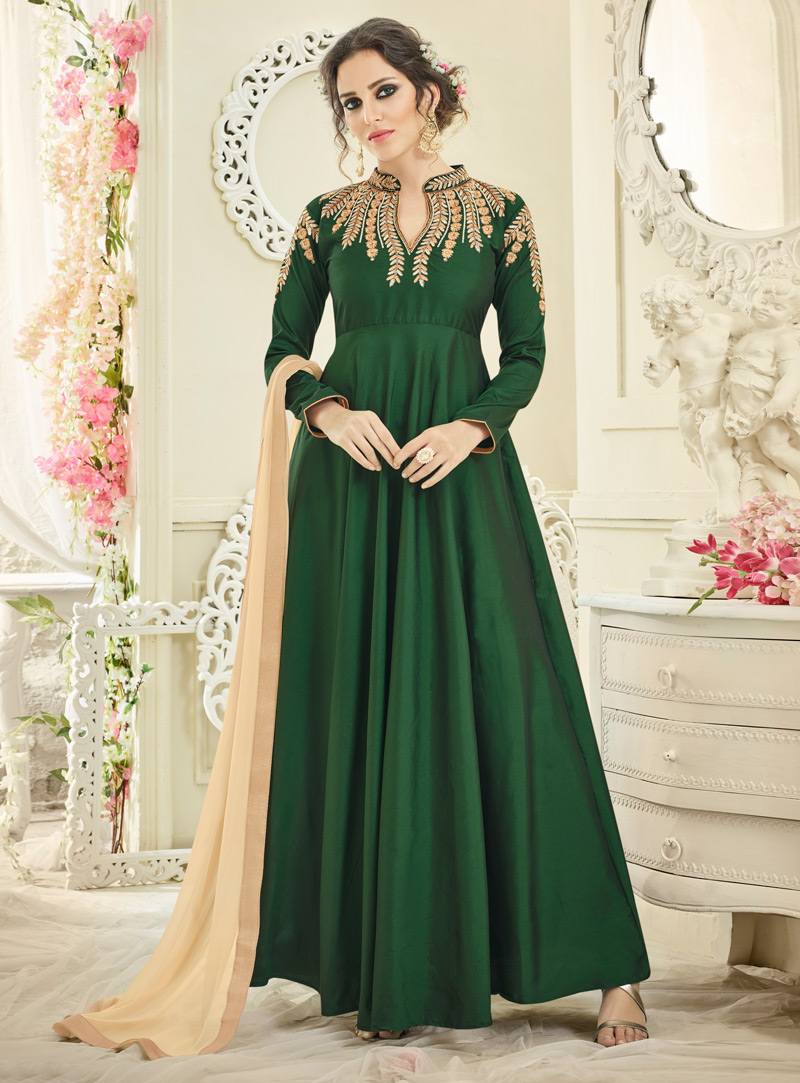 Green Taffeta Silk Readymade Ankle Length Anarkali Suit 105651