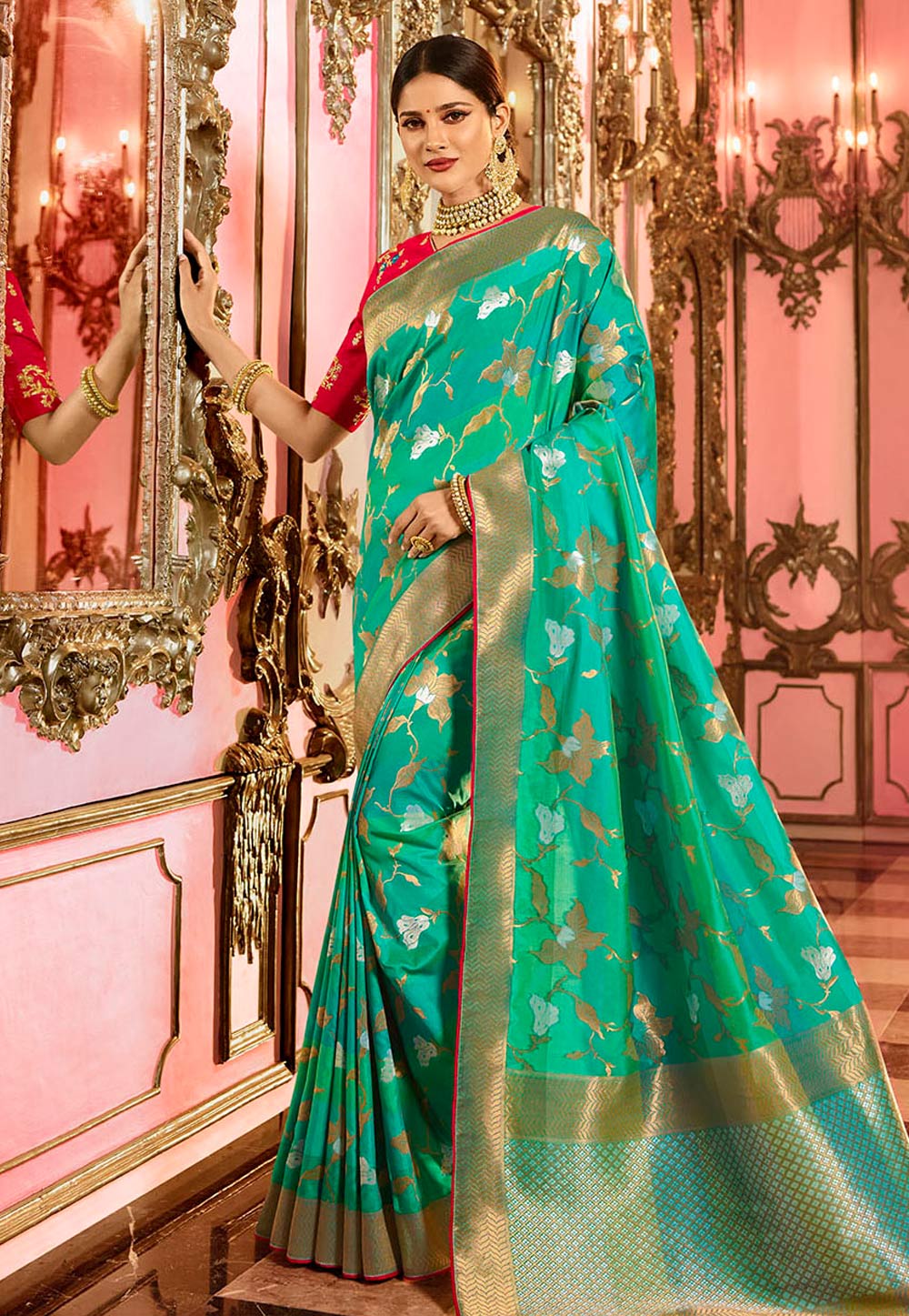 Aqua Banarasi Silk Saree With Blouse 154305
