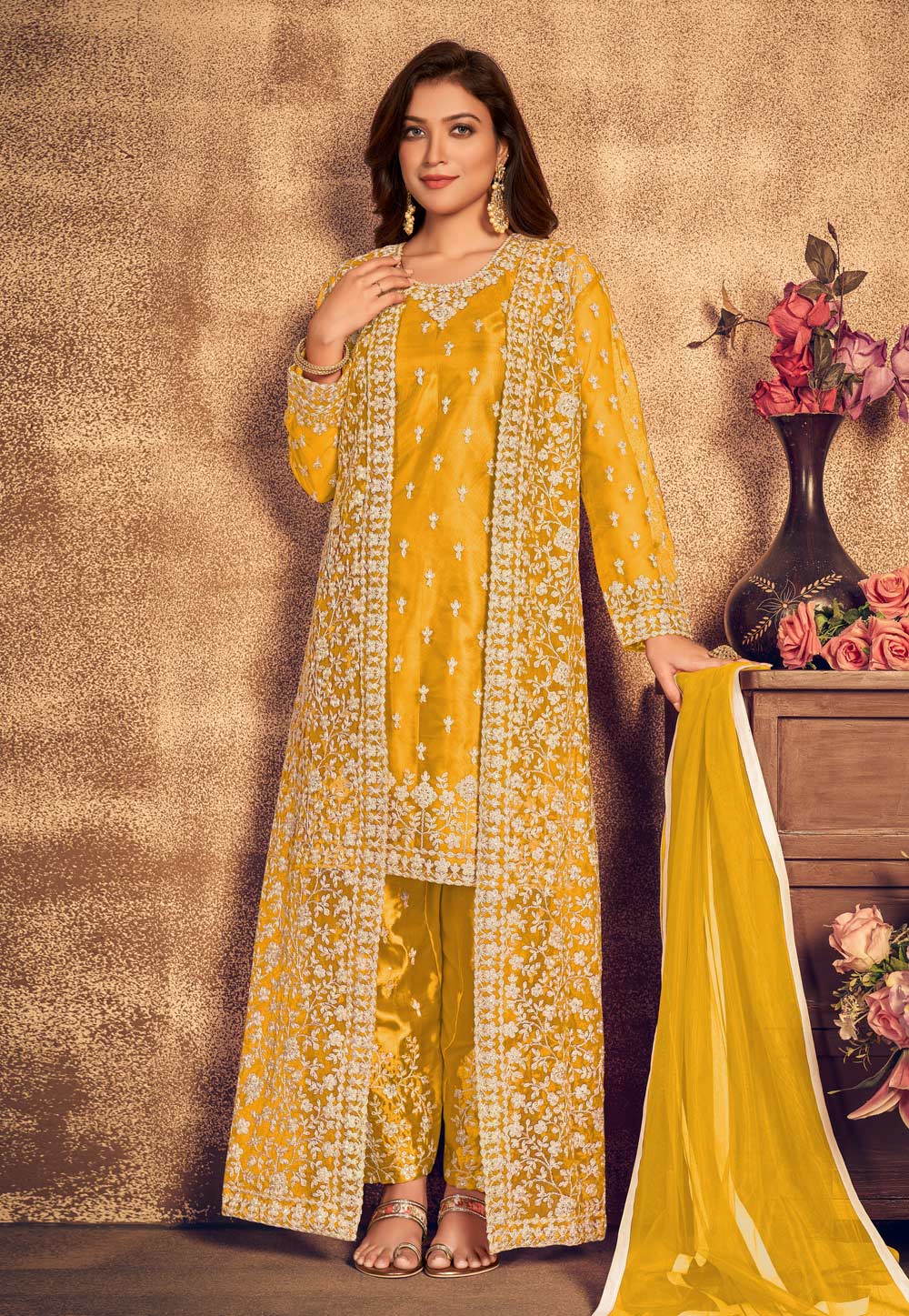 Yellow Net Pant Style Suit 237143
