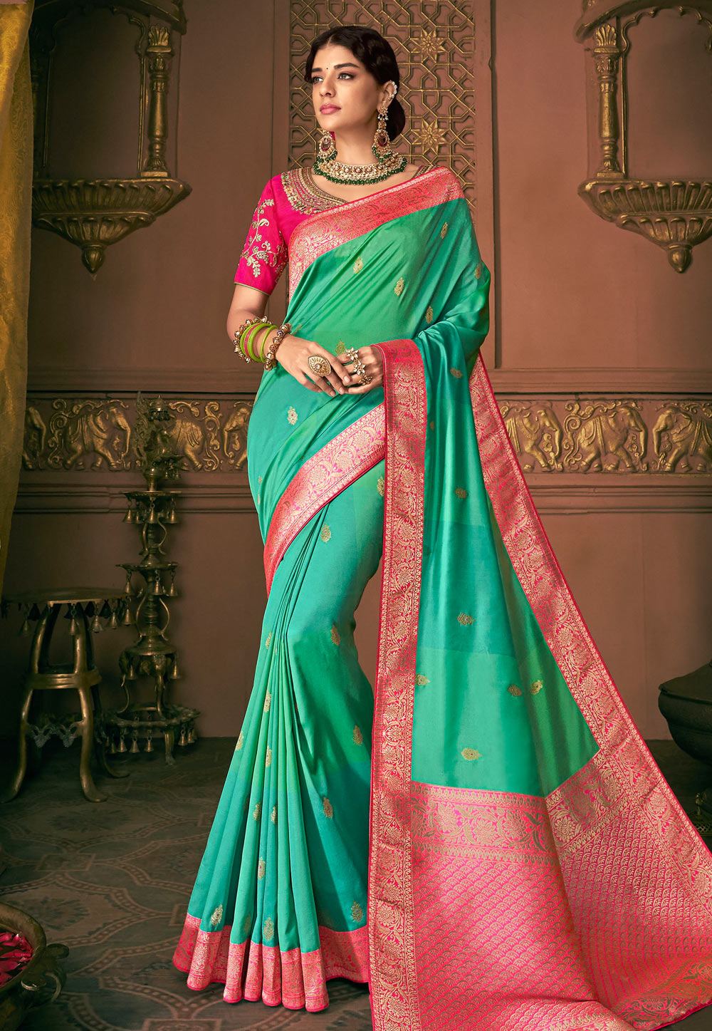 Sea Green Banarasi Silk Saree With Blouse 163036