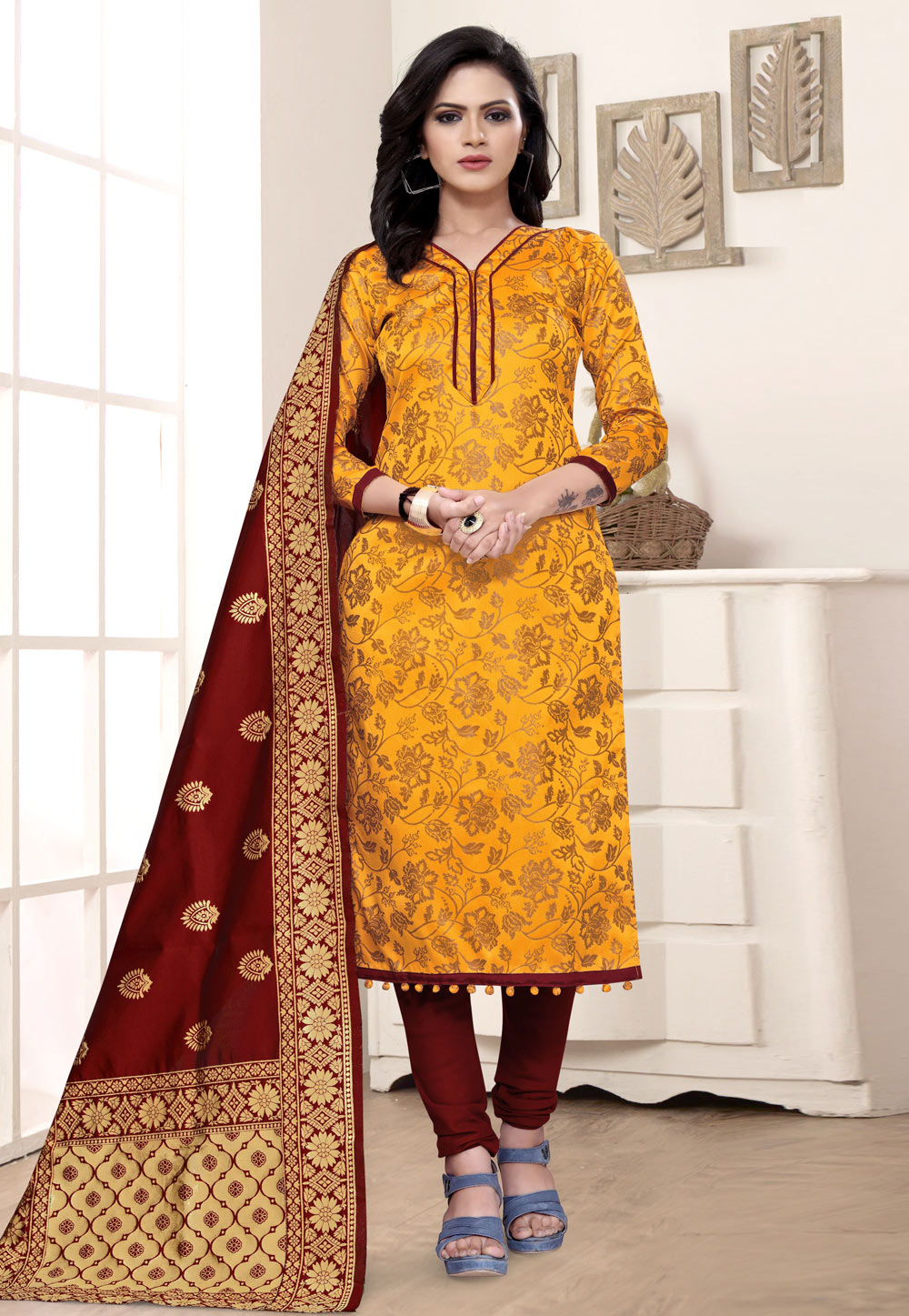 Yellow Banarasi Silk Churidar Suit 235460