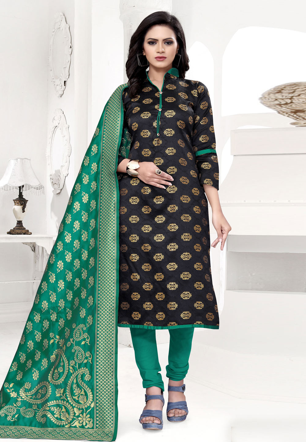 Black Banarasi Silk Churidar Salwar Suit 235461