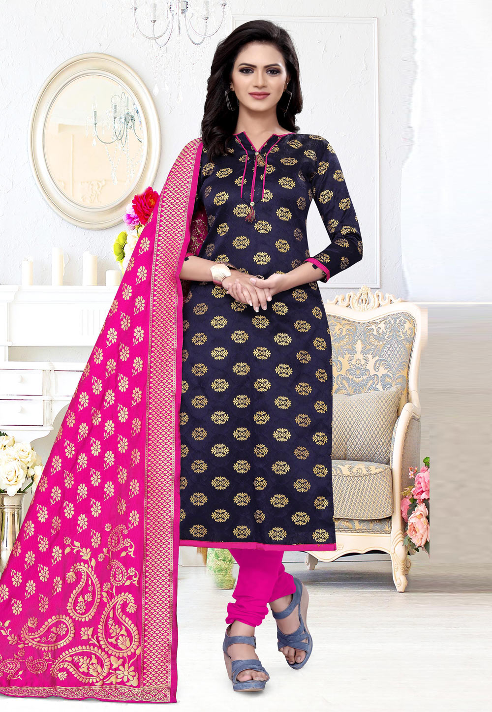 Buy Blue and Rose Pink Trendy Churidar Salwar Suit Online