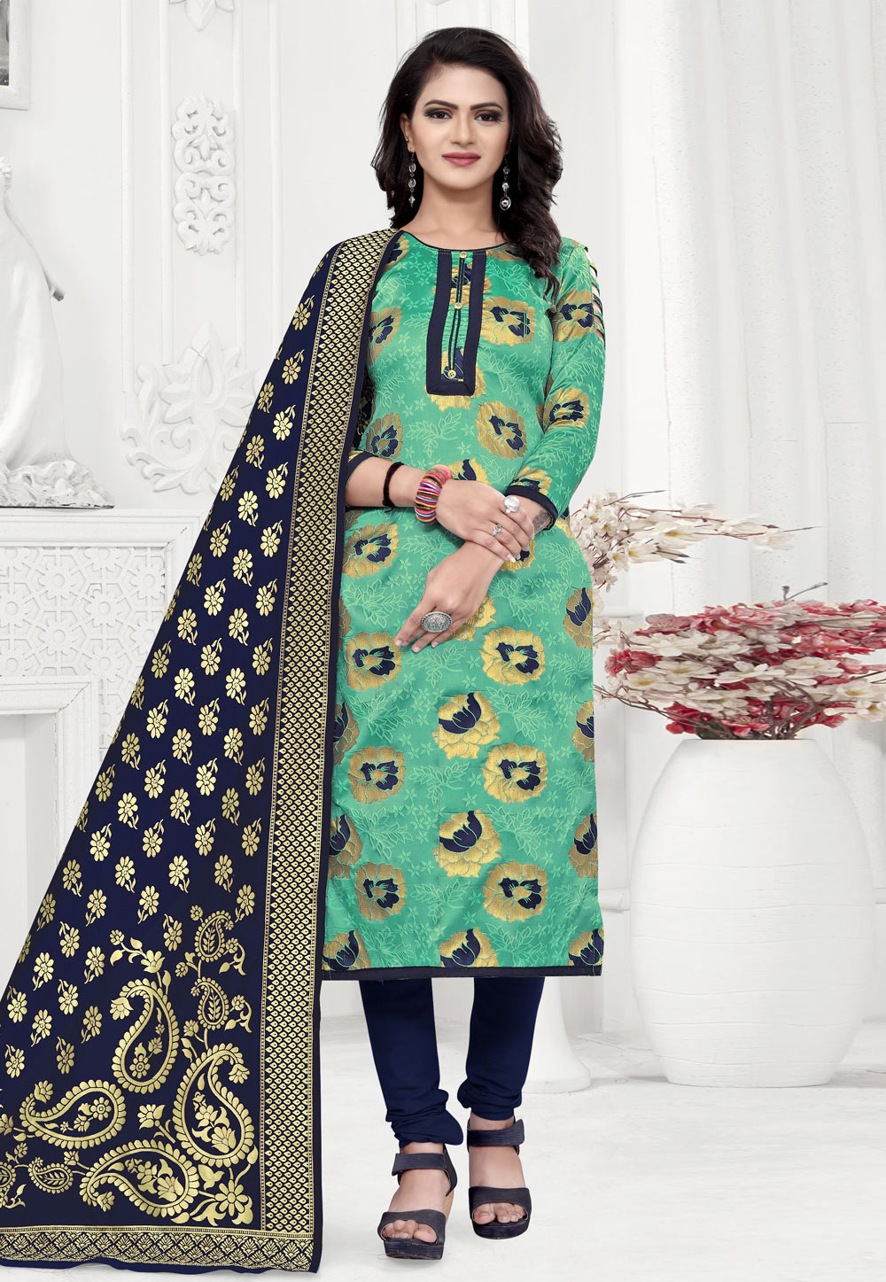 Sea Green Banarasi Silk Churidar Suit 235464