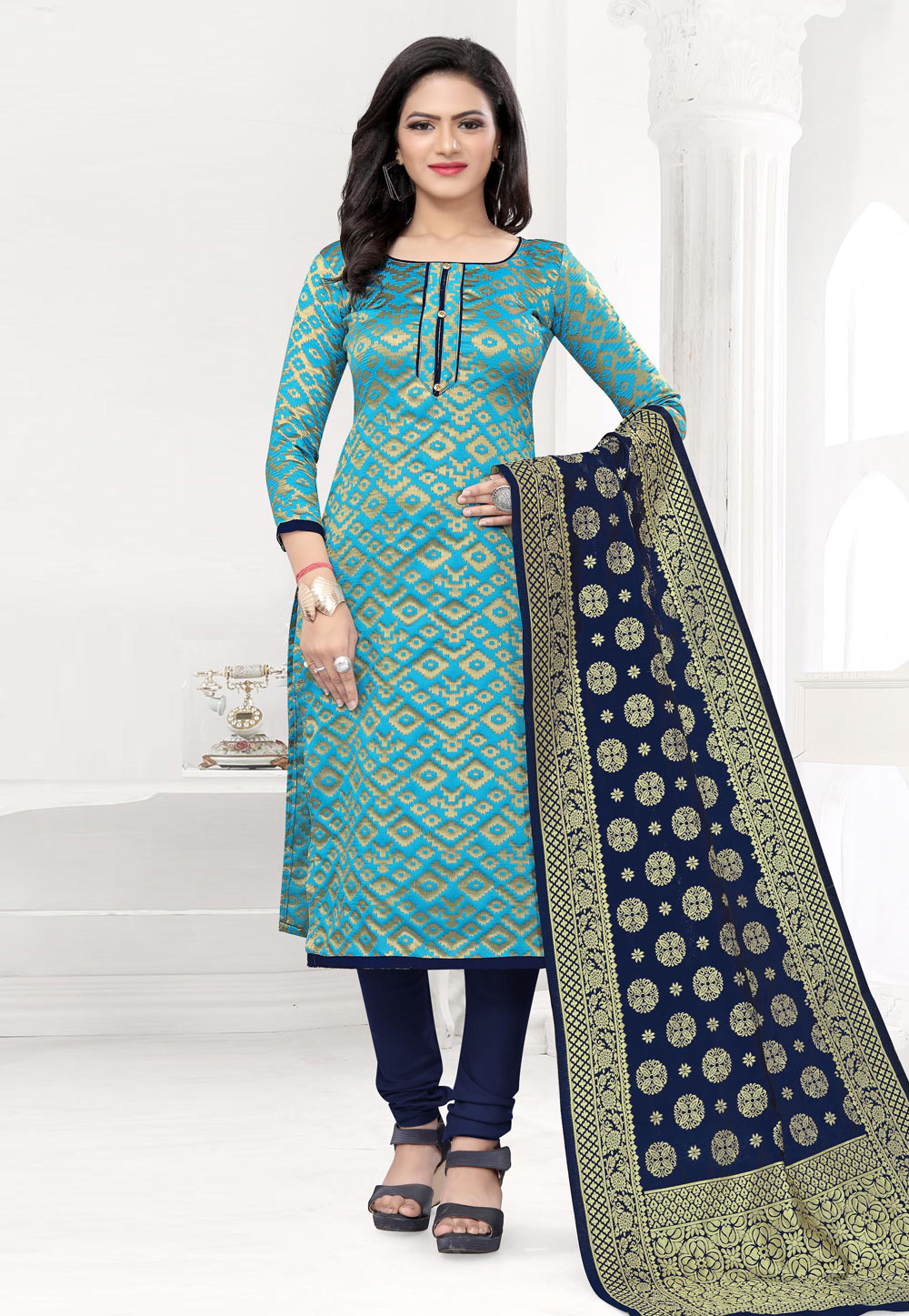 Sky Blue Banarasi Silk Churidar Salwar Suit 235465
