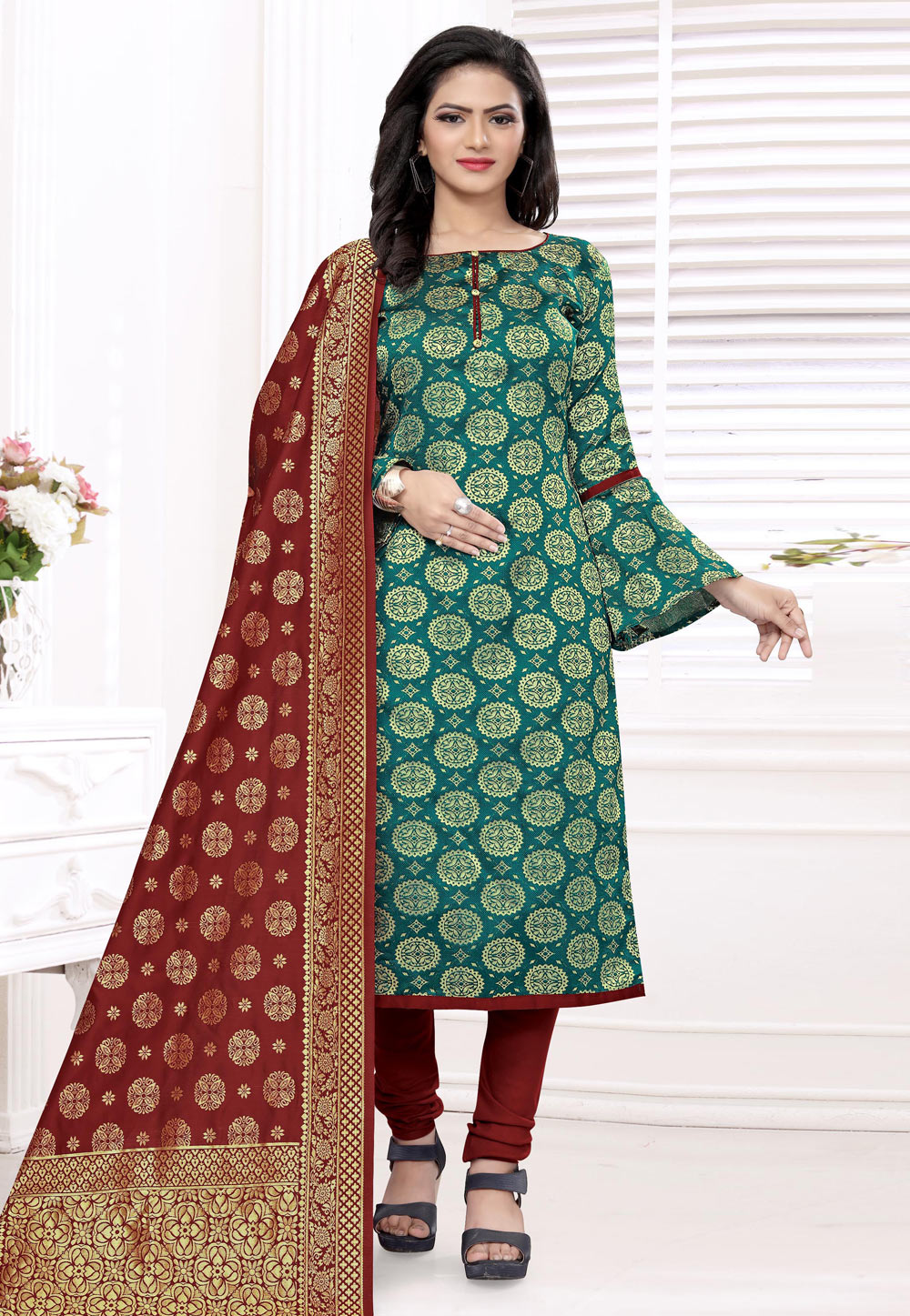 Green Banarasi Silk Churidar Suit 235466