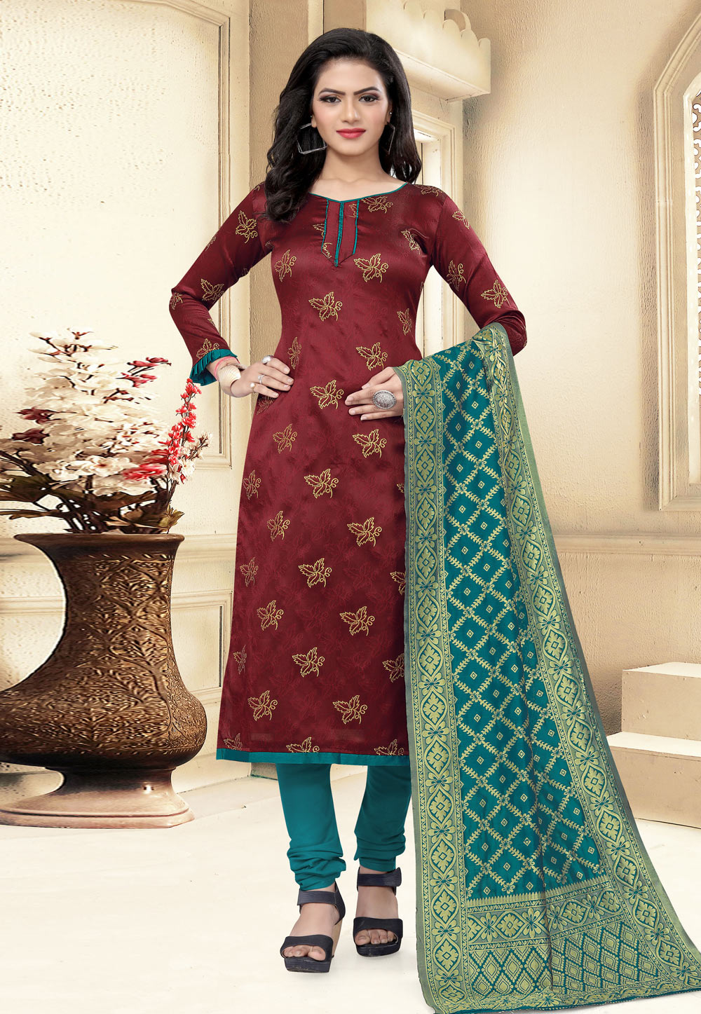 Maroon Banarasi Silk Churidar Suit 235468