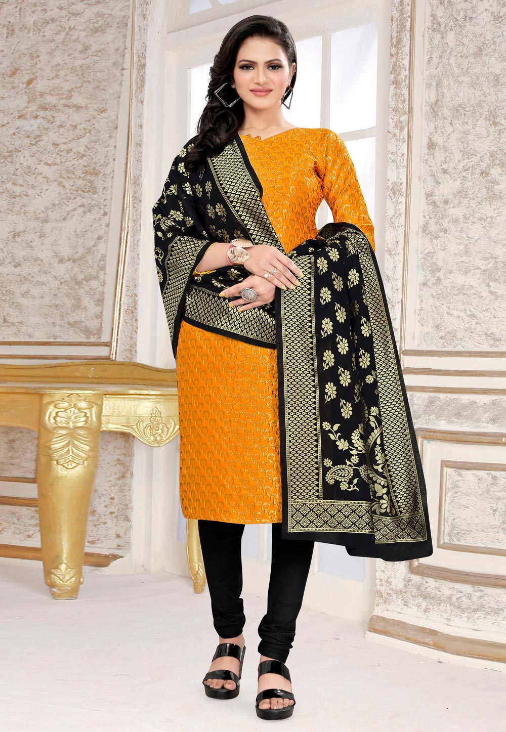 Mustard Banarasi Silk Churidar Suit 235470