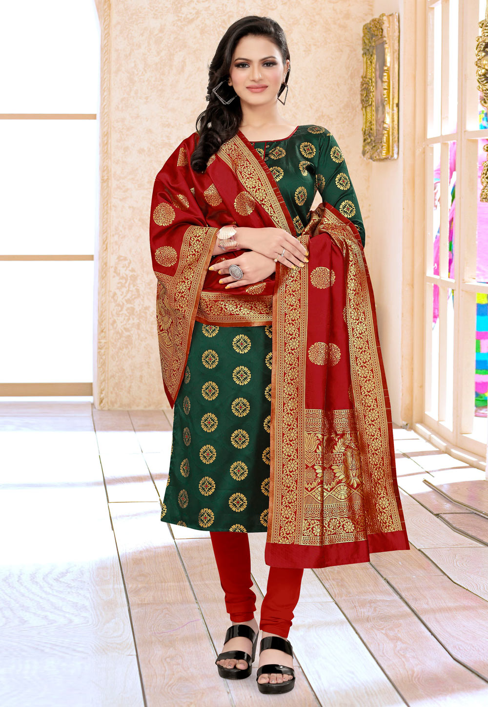 Green Banarasi Silk Churidar Suit 235472
